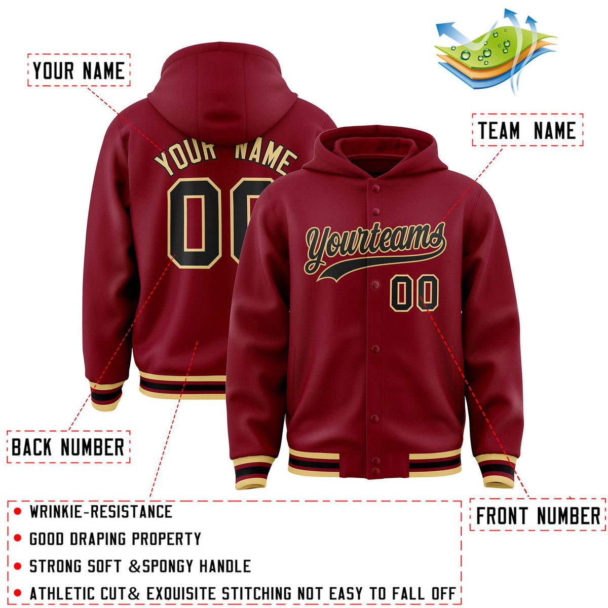 Custom Crimson Black-Khaki Varsity Full-Snap Letterman Classic Jacket Hoodie| KXKSHOP