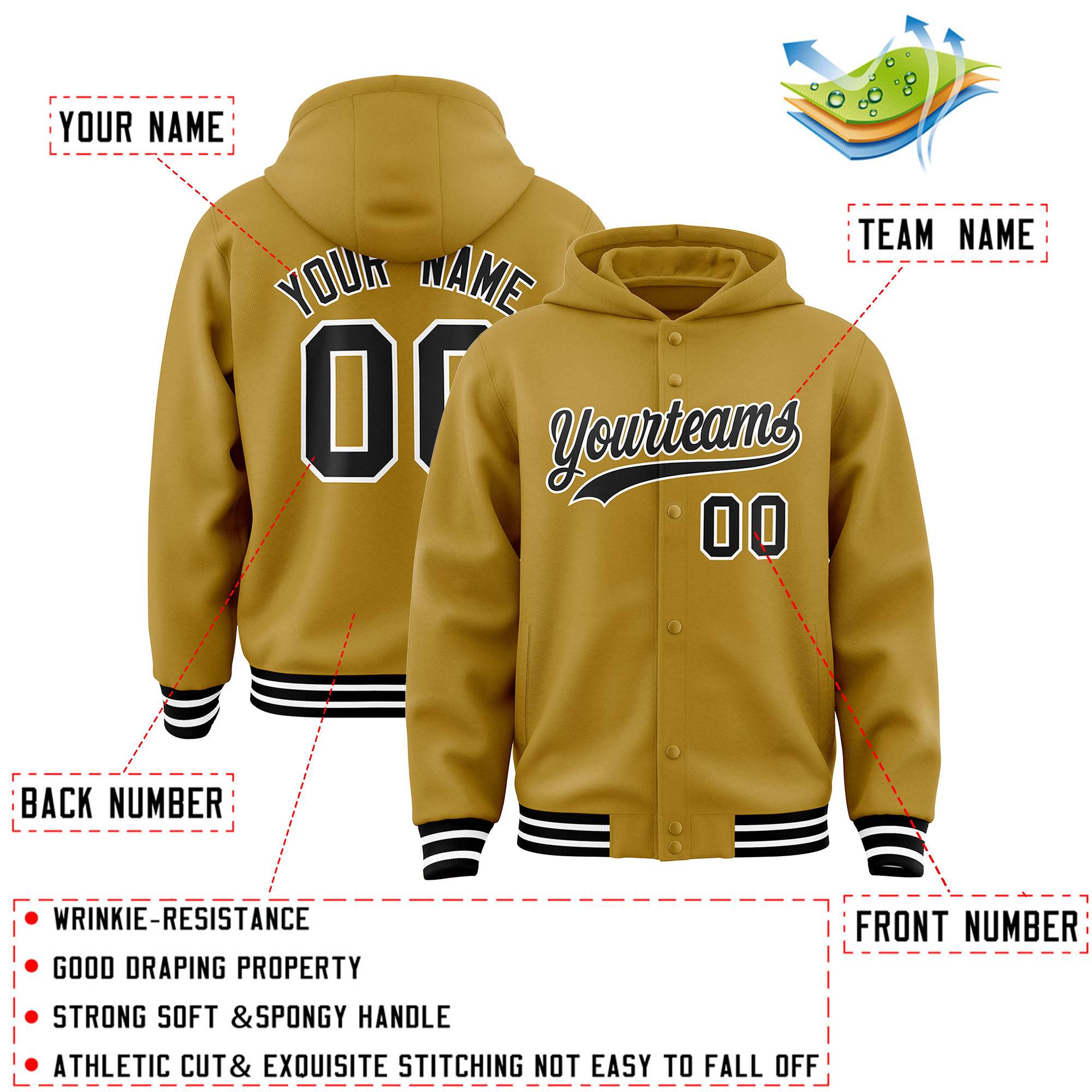 Custom Old Gold Black-White Varsity Full-Snap Letterman Classic Jacket Hoodie| KXKSHOP