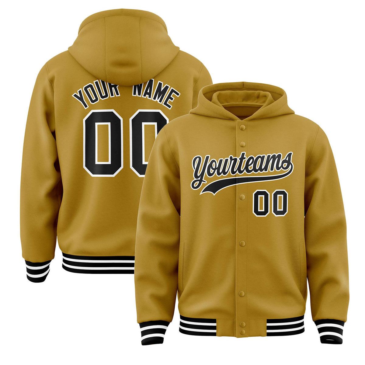 Custom Old Gold Black-White Varsity Full-Snap Letterman Classic Jacket Hoodie| KXKSHOP