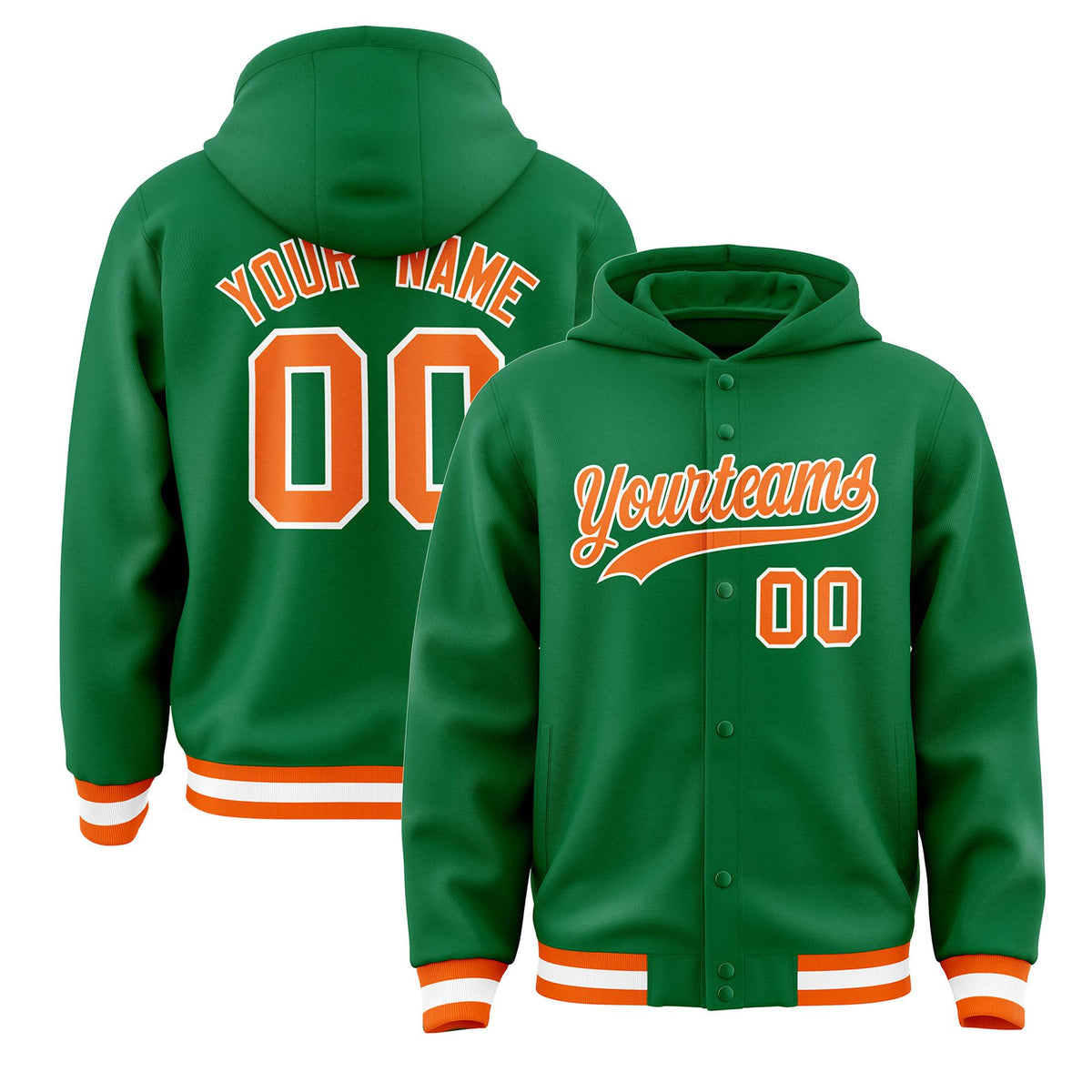 Custom Kelly Green Orange-White Varsity Full-Snap Letterman Classic Jacket Hoodie| KXKSHOP