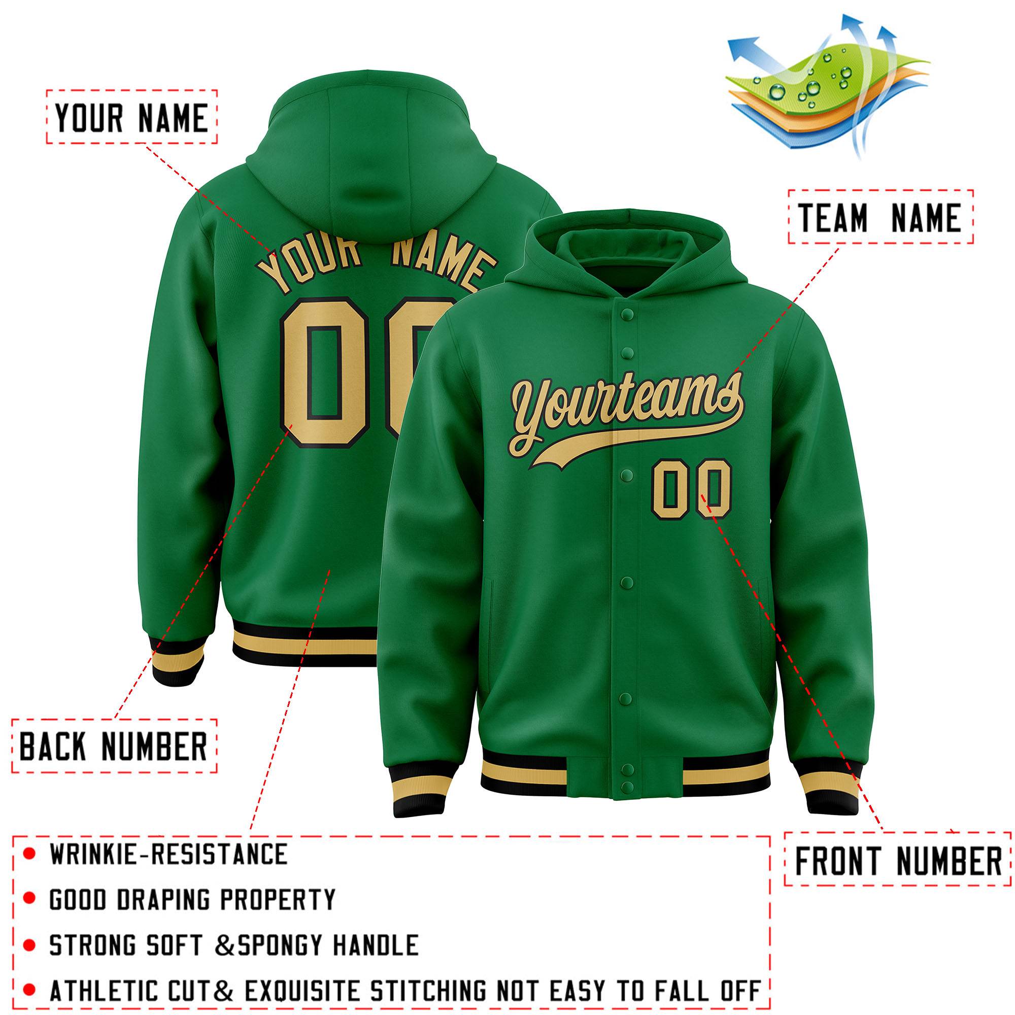 Custom Kelly Green Old Gold-Black Varsity Full-Snap Letterman Classic Jacket Hoodie| KXKSHOP