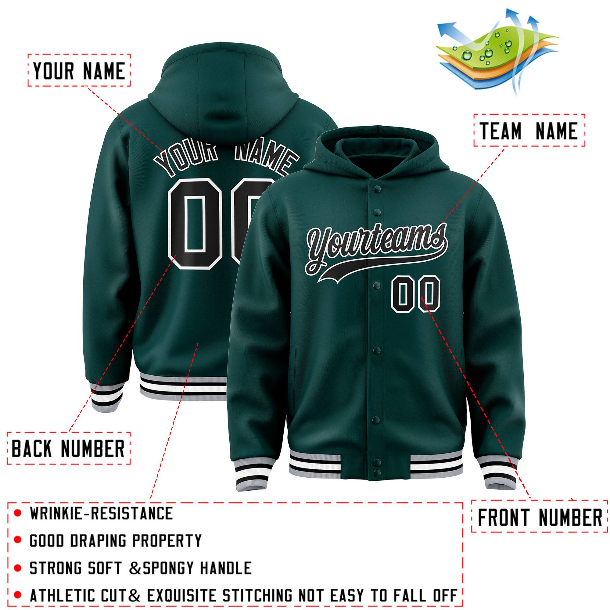 Custom Midnight Green Black-White Varsity Full-Snap Letterman Classic Jacket Hoodie| KXKSHOP