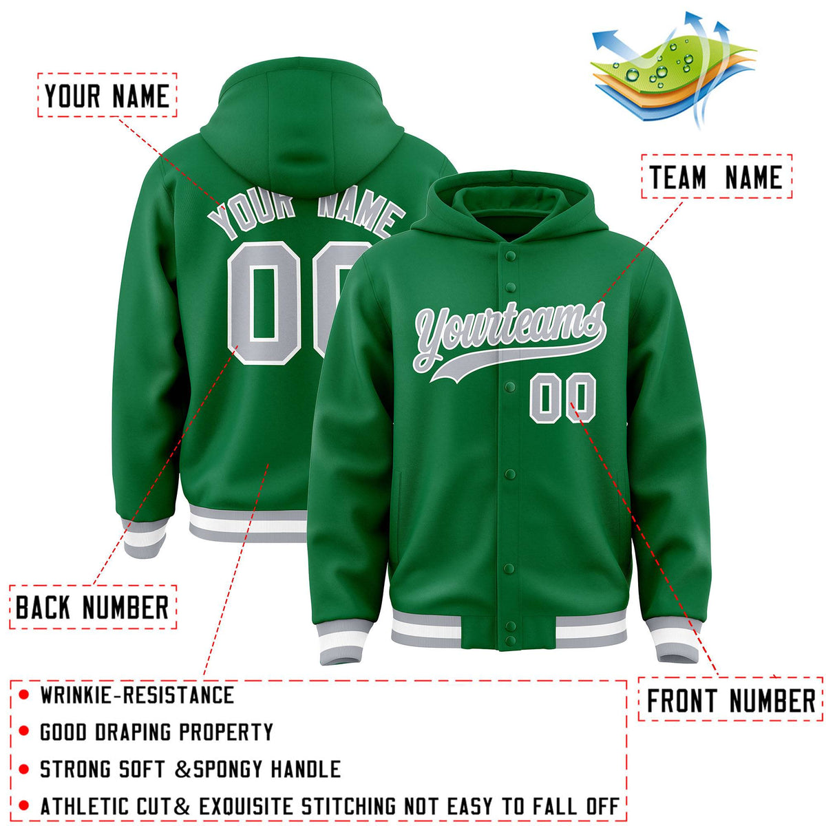 Custom Kelly Green Gray-White Varsity Full-Snap Letterman Classic Jacket Hoodie| KXKSHOP