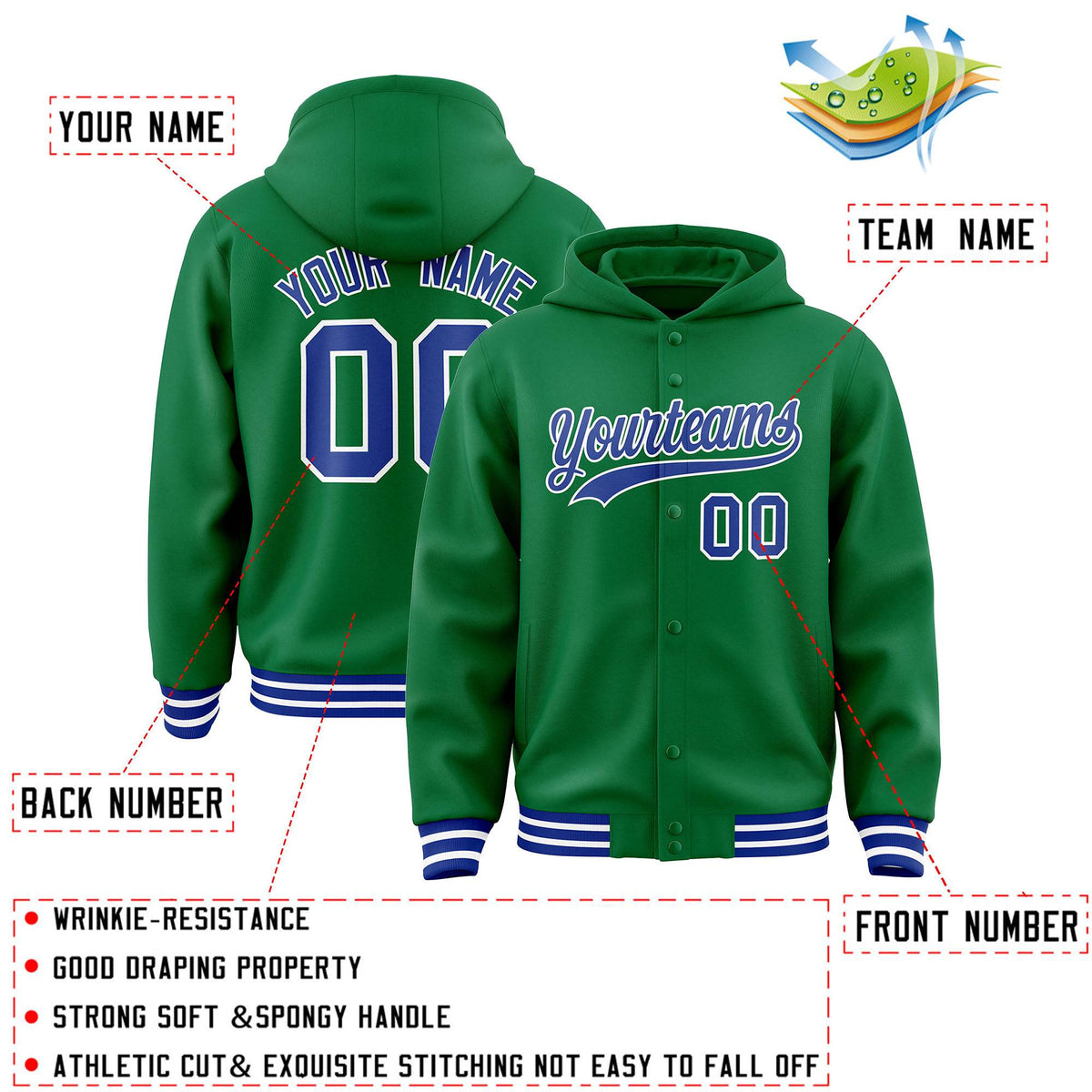 Custom Kelly Green Royal-White Varsity Full-Snap Letterman Classic Jacket Hoodie| KXKSHOP