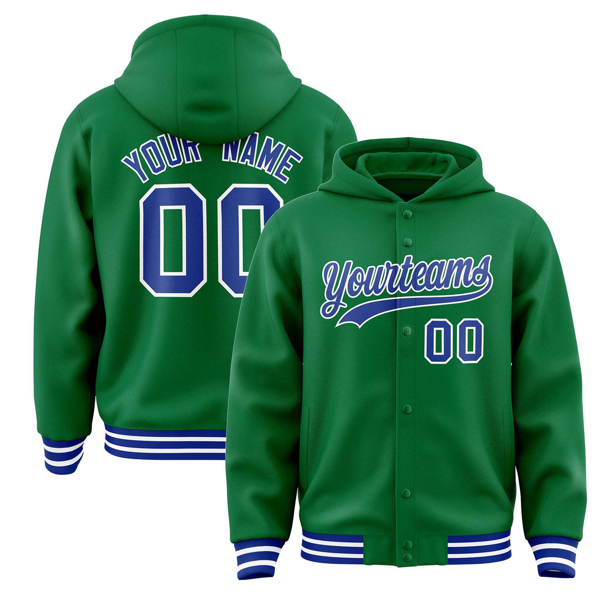 Custom Kelly Green Royal-White Varsity Full-Snap Letterman Classic Jacket Hoodie| KXKSHOP