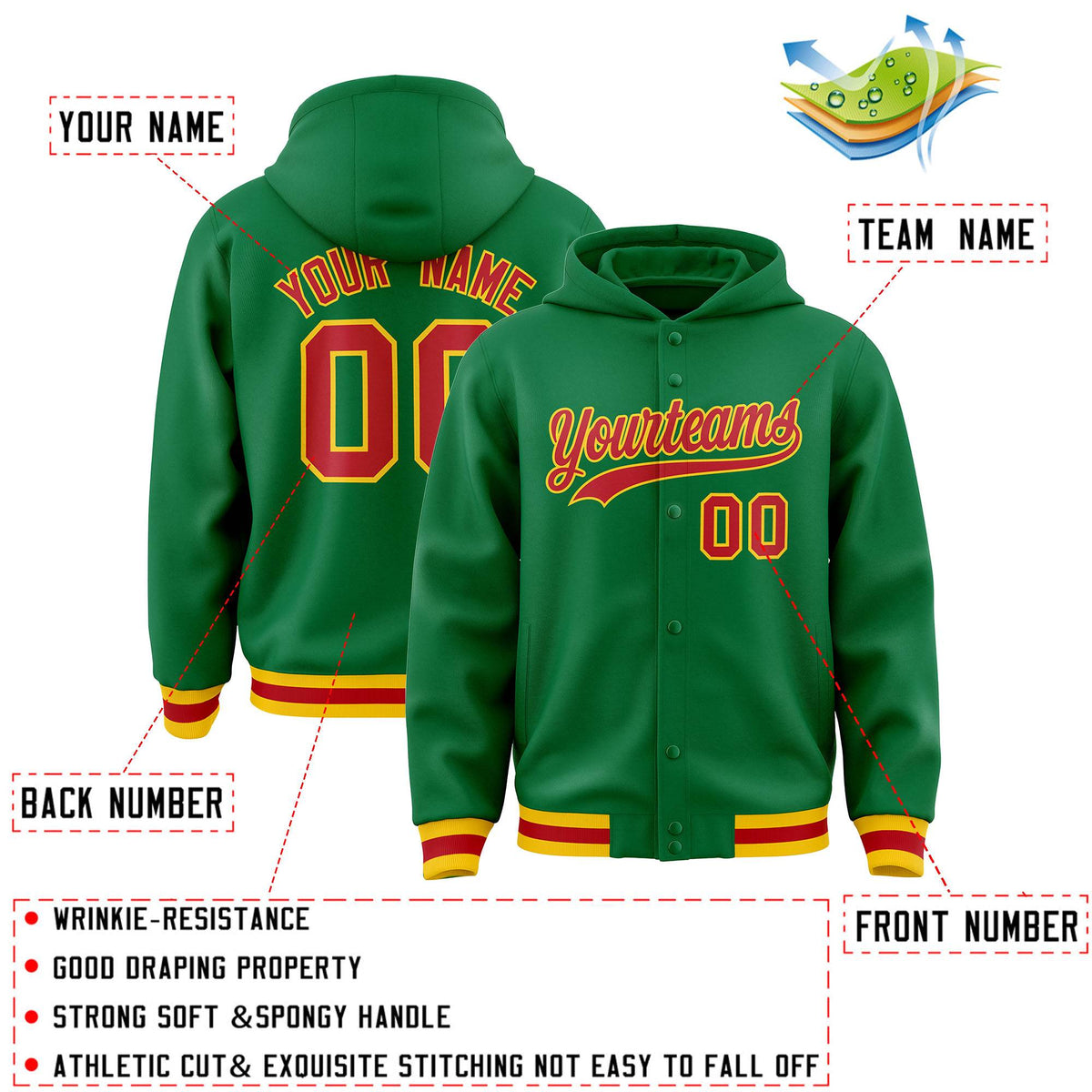 Custom Kelly Green Red-Gold Varsity Full-Snap Letterman Classic Jacket Hoodie| KXKSHOP