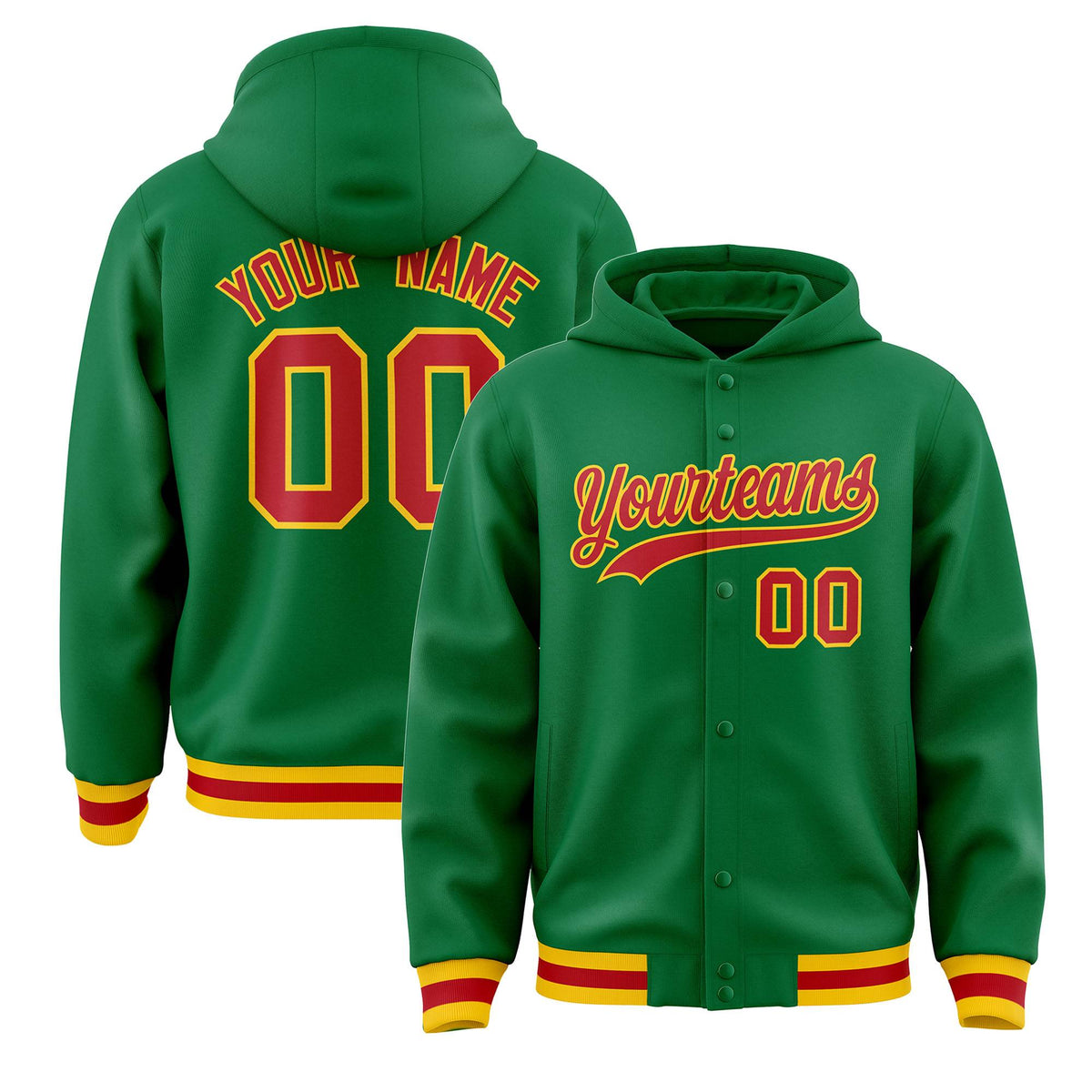 Custom Kelly Green Red-Gold Varsity Full-Snap Letterman Classic Jacket Hoodie| KXKSHOP