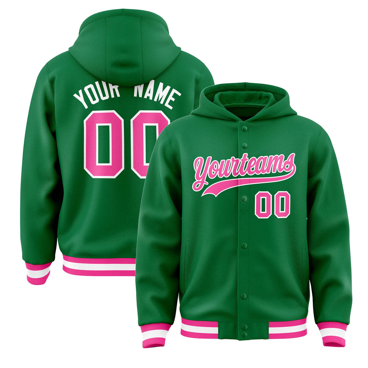 Custom Kelly Green Pink-White Varsity Full-Snap Letterman Classic Jacket Hoodie| KXKSHOP