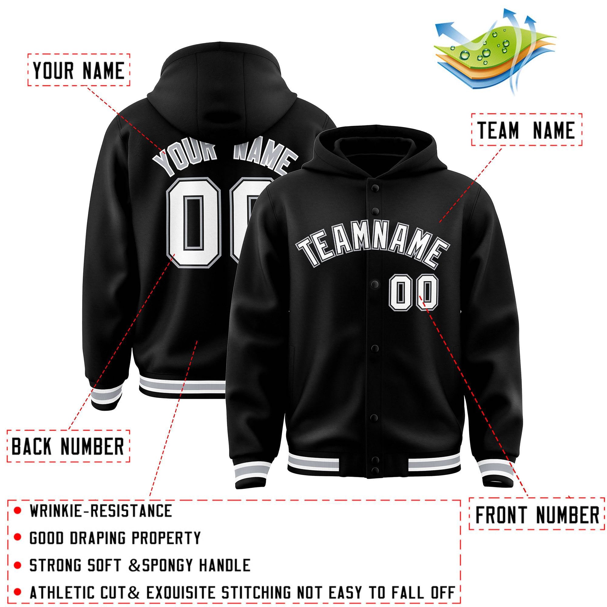 Custom Black White-Black Varsity Full-Snap Letterman Classic Jacket Hoodie| KXKSHOP