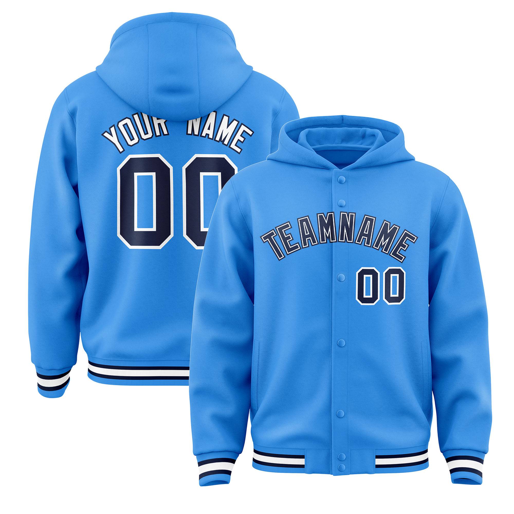 Custom Powder Blue Navy-White Varsity Full-Snap Letterman Classic Jacket Hoodie| KXKSHOP