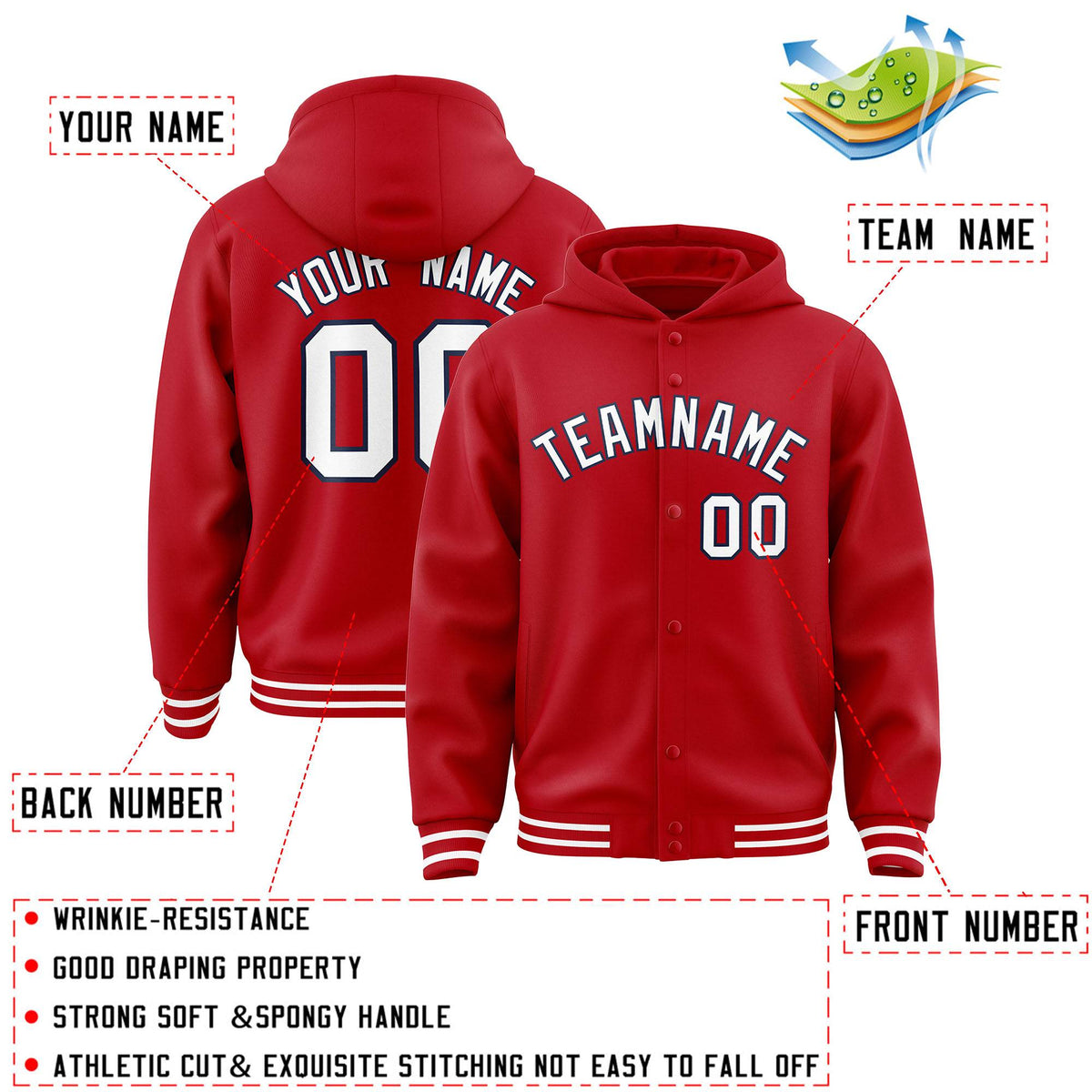 Custom Red White-Navy Varsity Full-Snap Letterman Classic Jacket Hoodie| KXKSHOP