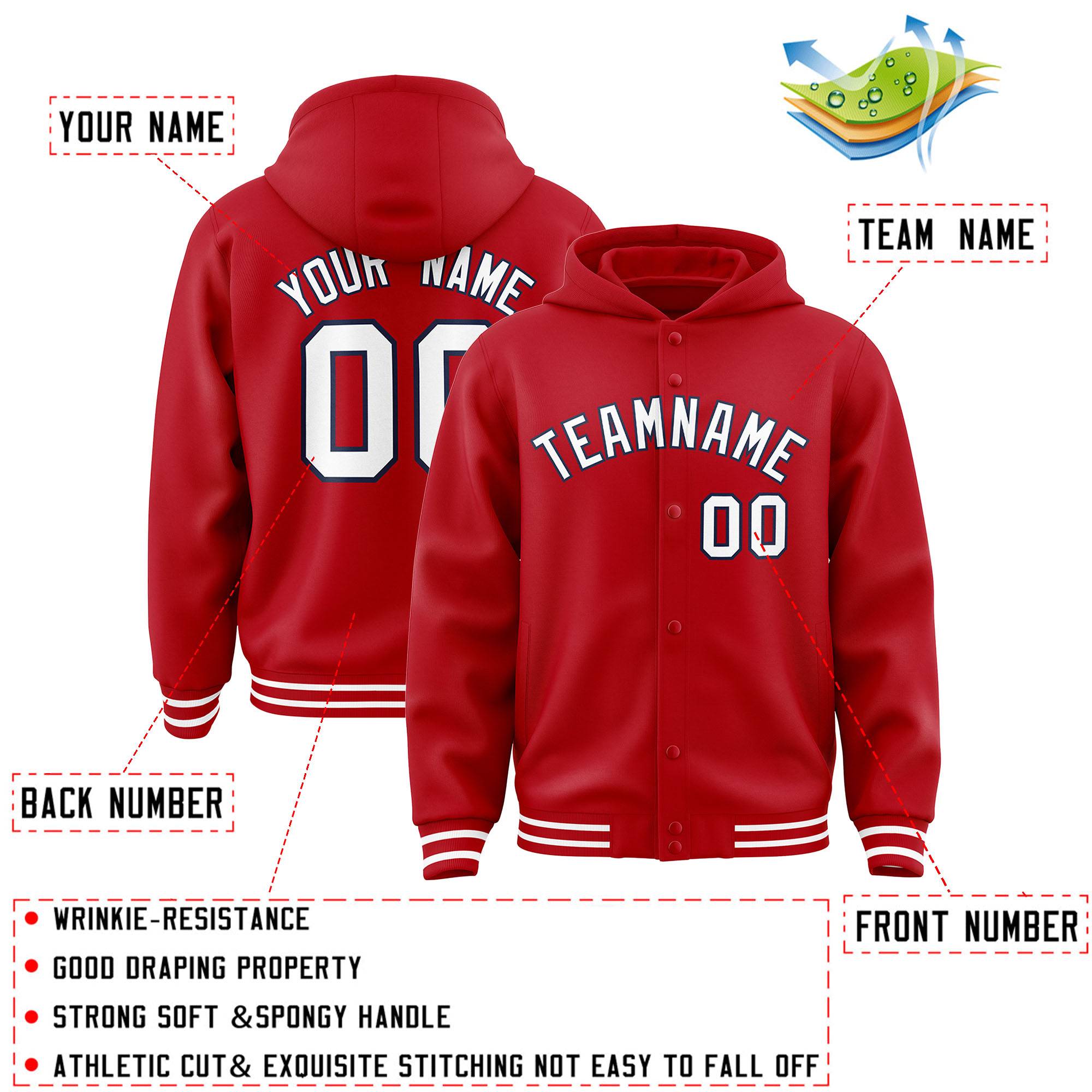Custom Red White-Navy Varsity Full-Snap Letterman Classic Jacket Hoodie| KXKSHOP