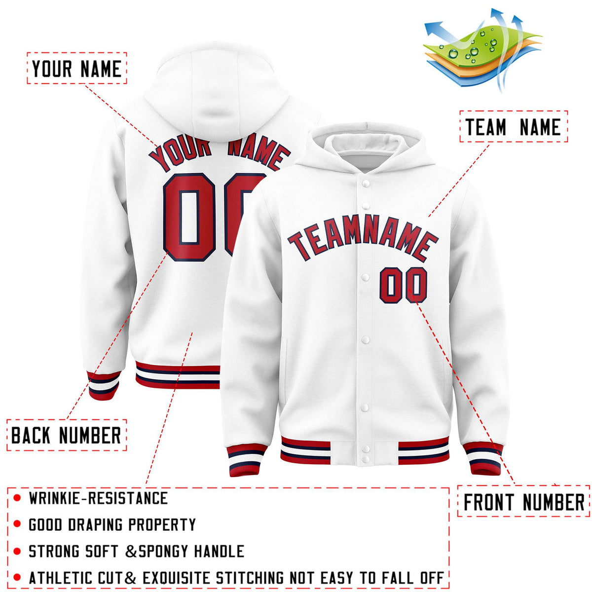 Custom White Red-Navy Varsity Full-Snap Letterman Classic Jacket Hoodie| KXKSHOP