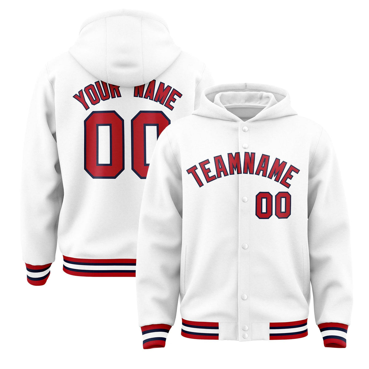 Custom White Red-Navy Varsity Full-Snap Letterman Classic Jacket Hoodie| KXKSHOP