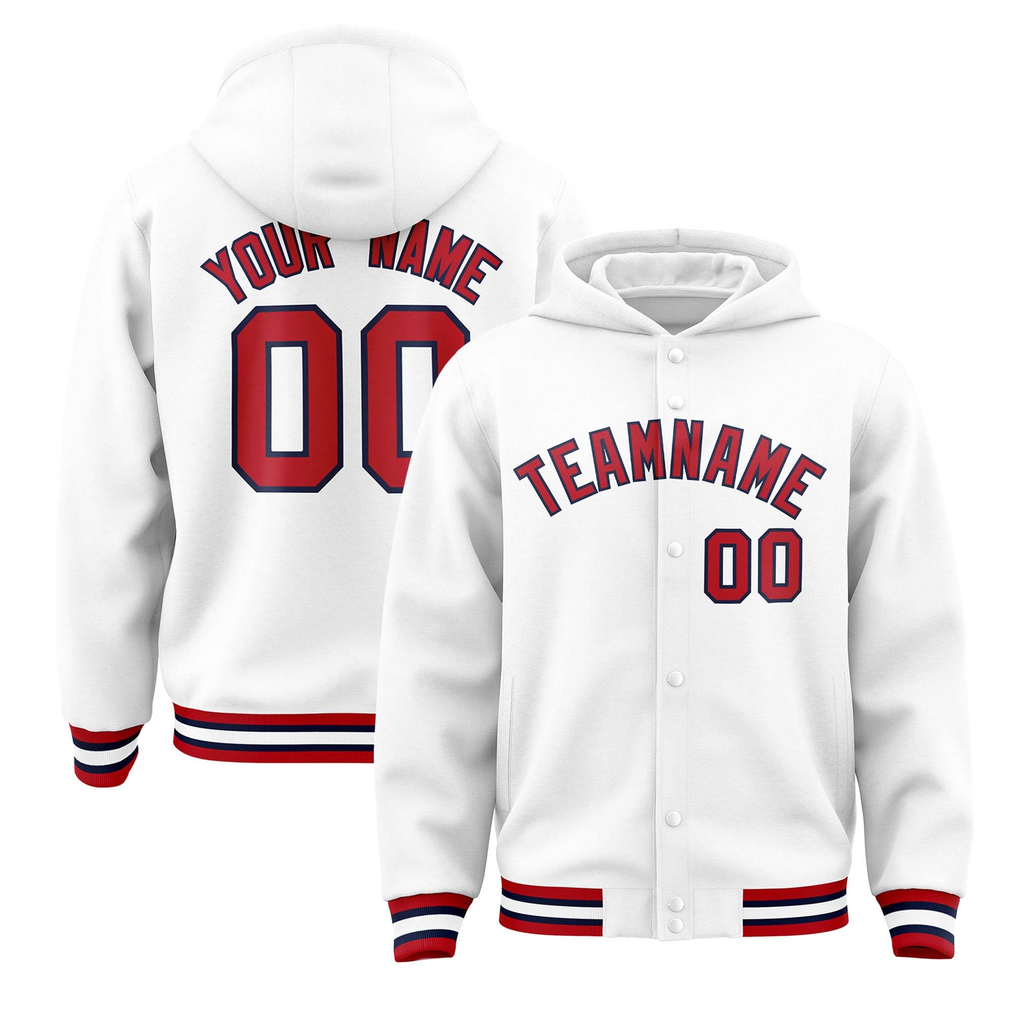 Custom White Red-Navy Varsity Full-Snap Letterman Classic Jacket Hoodie| KXKSHOP