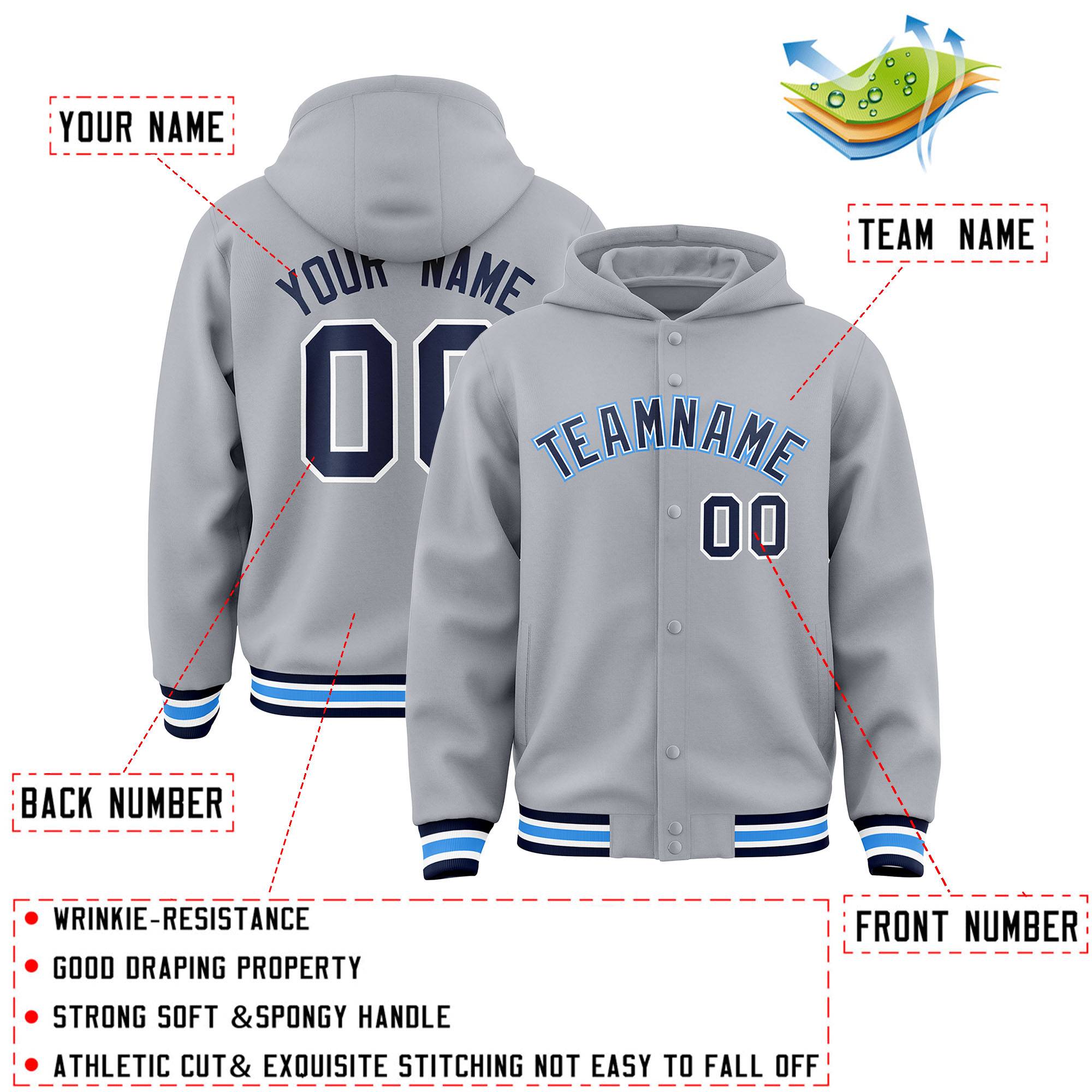 Custom Gray Navy-White Varsity Full-Snap Letterman Classic Jacket Hoodie| KXKSHOP