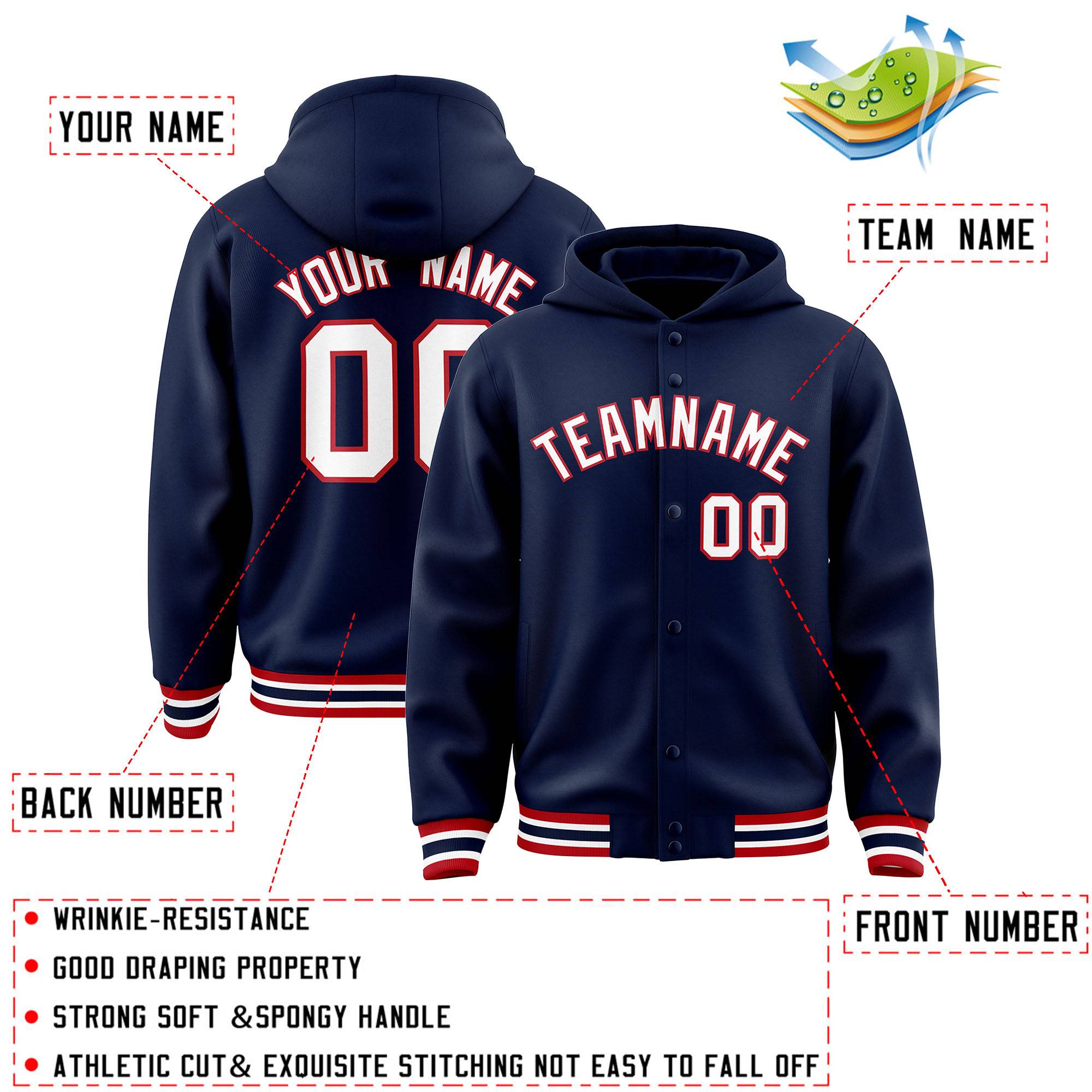 Custom Navy White-Red Varsity Full-Snap Letterman Classic Jacket Hoodie| KXKSHOP