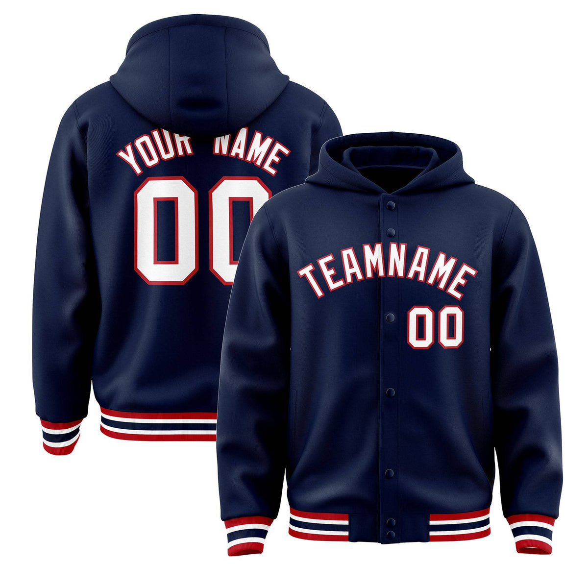 Custom Navy White-Red Varsity Full-Snap Letterman Classic Jacket Hoodie| KXKSHOP