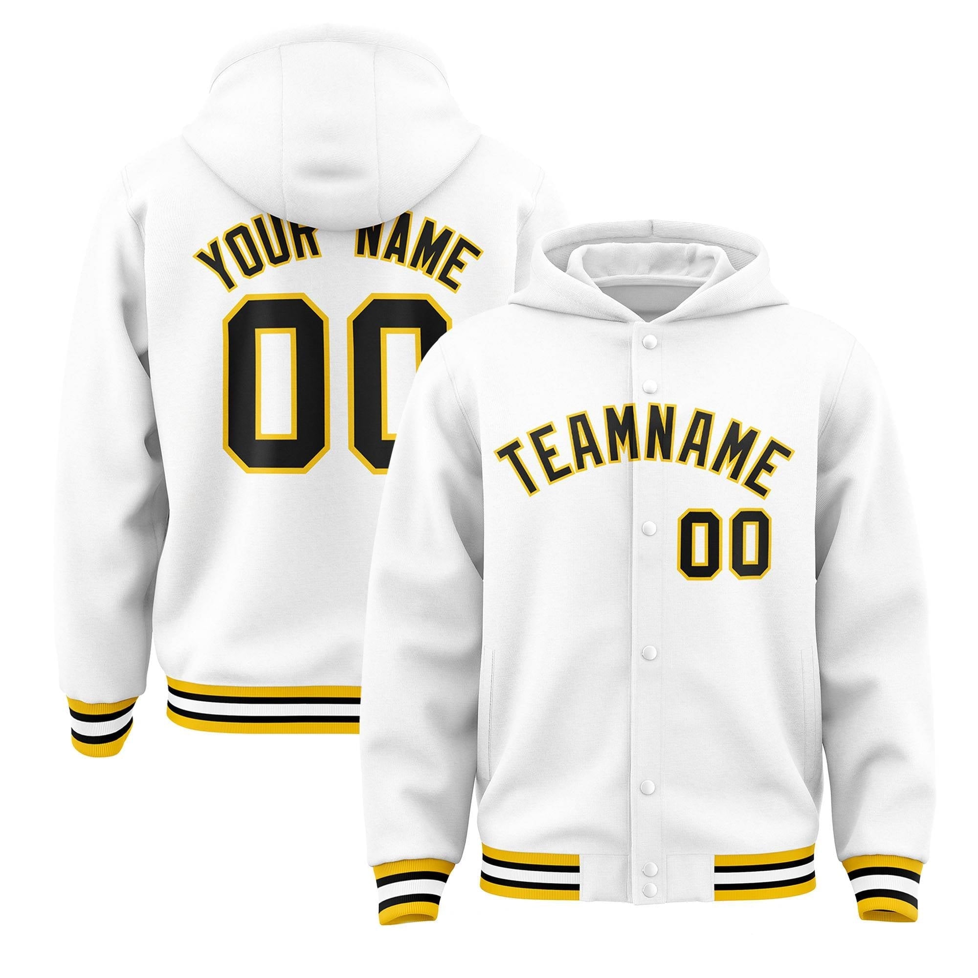 Custom White Black-Gold Varsity Full-Snap Letterman Classic Jacket Hoodie| KXKSHOP