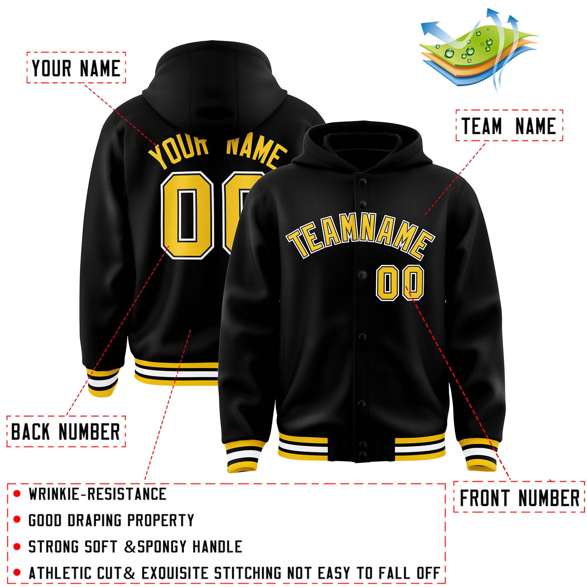 Custom Black Gold-Black Varsity Full-Snap Letterman Classic Jacket Hoodie| KXKSHOP