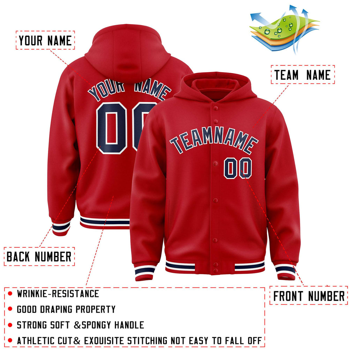 Custom Red Navy-White Varsity Full-Snap Letterman Classic Jacket Hoodie| KXKSHOP