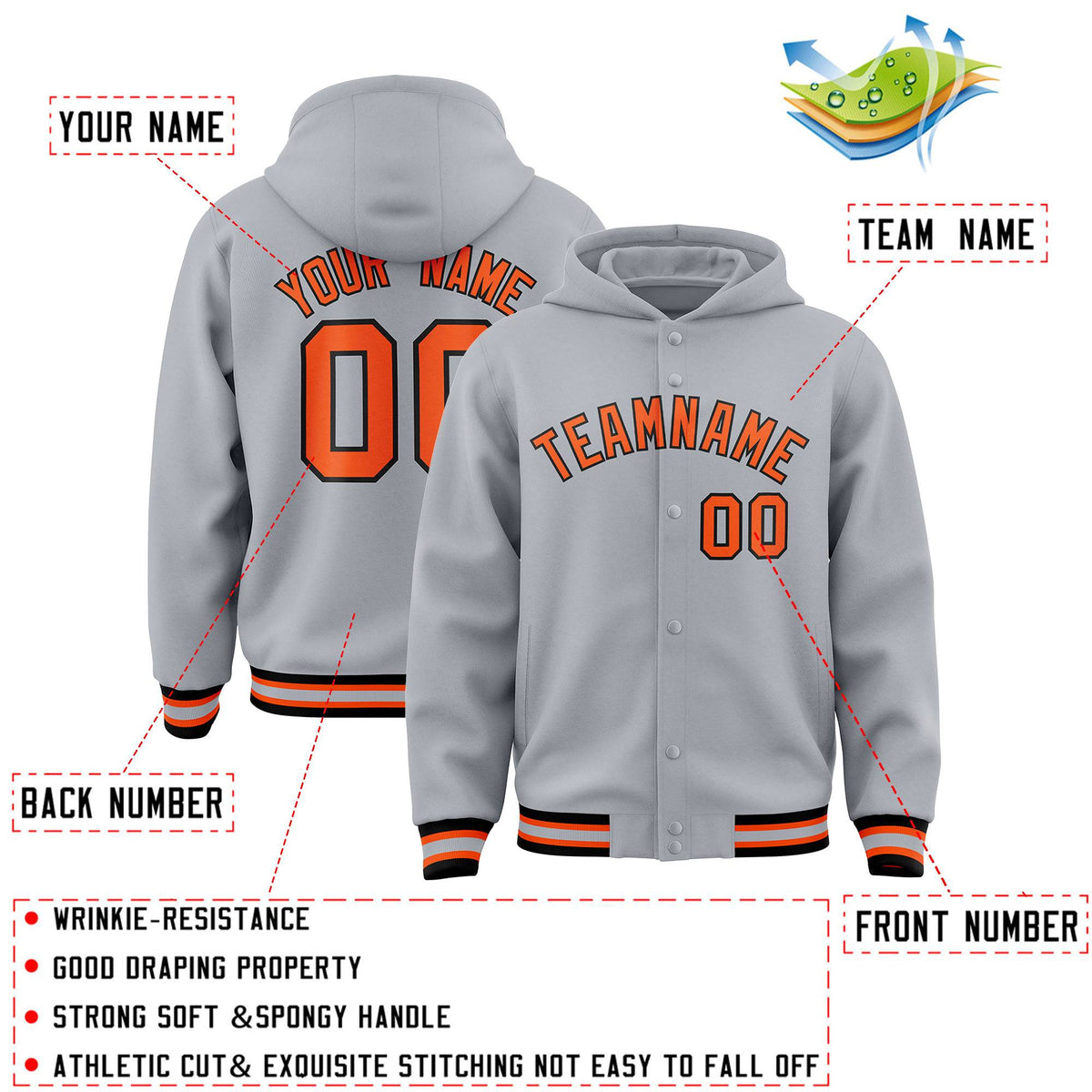 Custom Gray Orange-Black Varsity Full-Snap Letterman Classic Jacket Hoodie| KXKSHOP