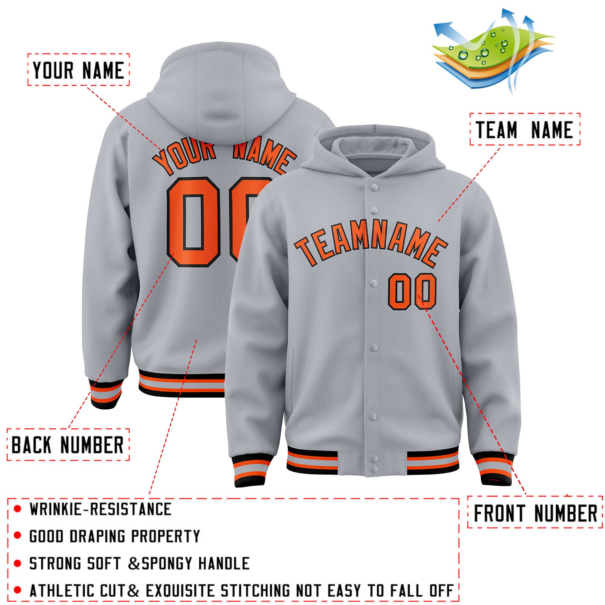 Custom Gray Orange-Black Varsity Full-Snap Letterman Classic Jacket Hoodie| KXKSHOP