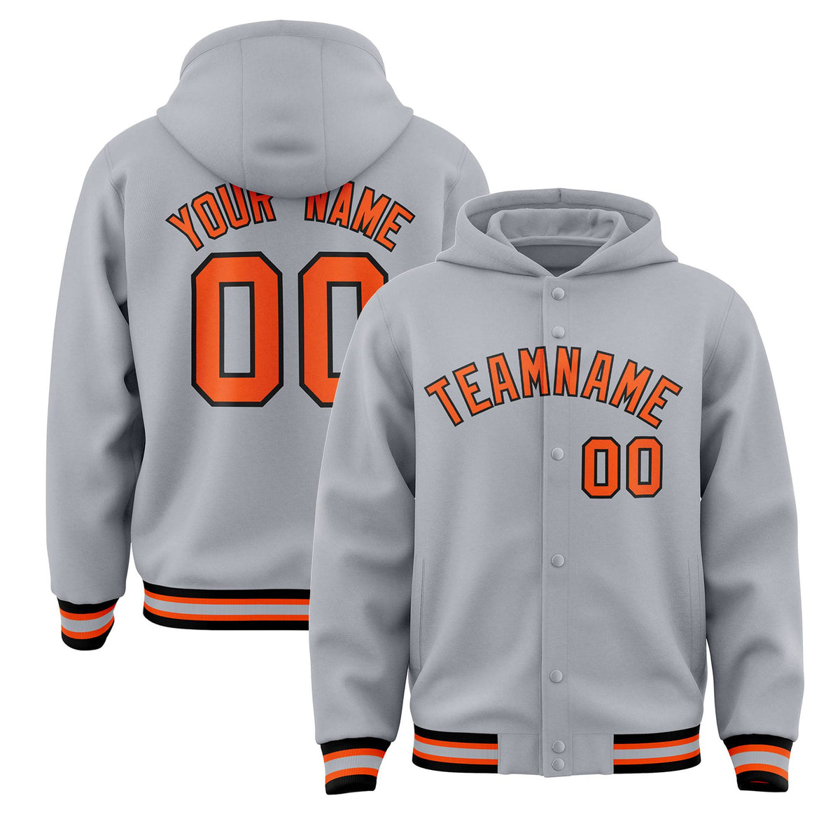 Custom Gray Orange-Black Varsity Full-Snap Letterman Classic Jacket Hoodie| KXKSHOP