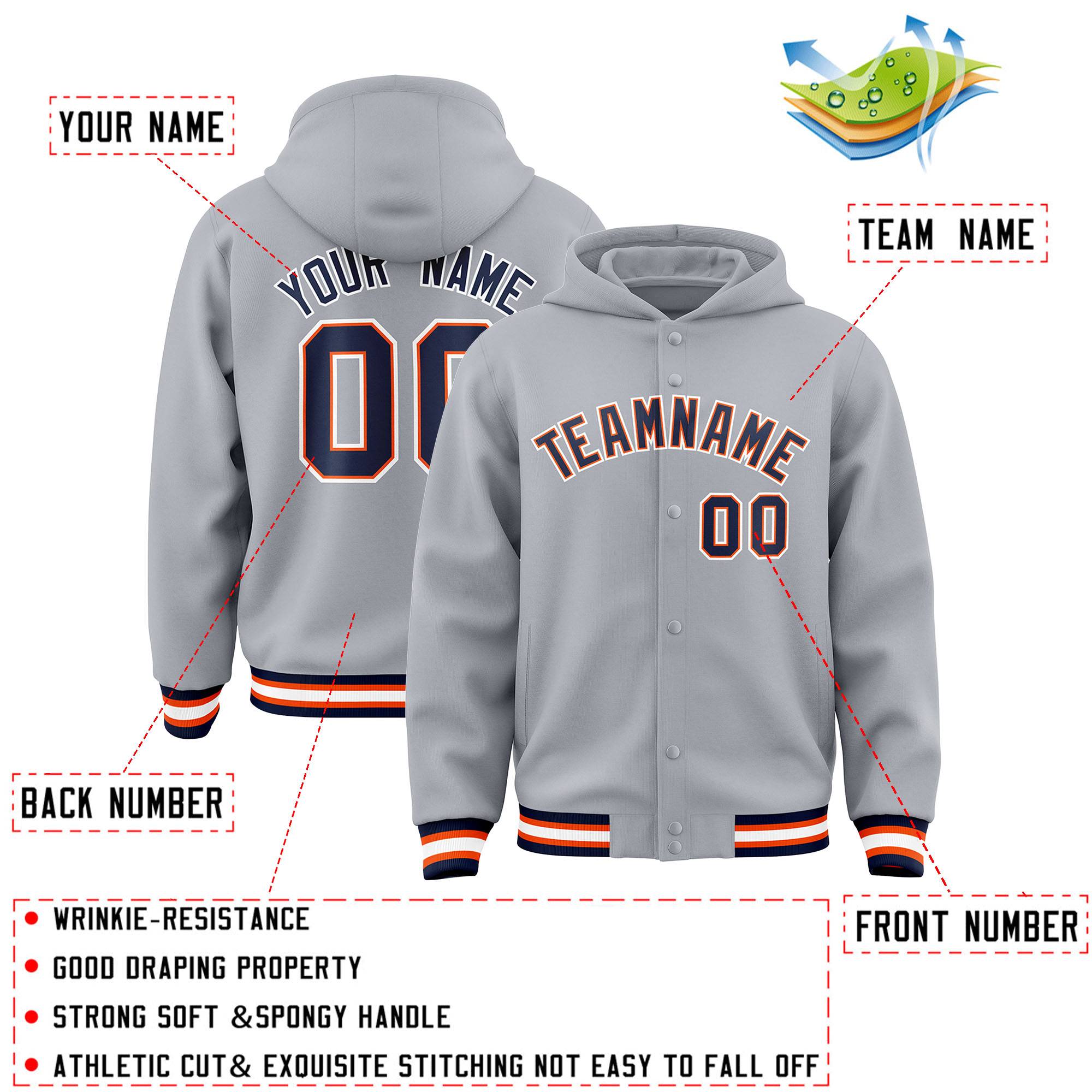Custom Gray Navy-Orange Varsity Full-Snap Letterman Classic Jacket Hoodie| KXKSHOP