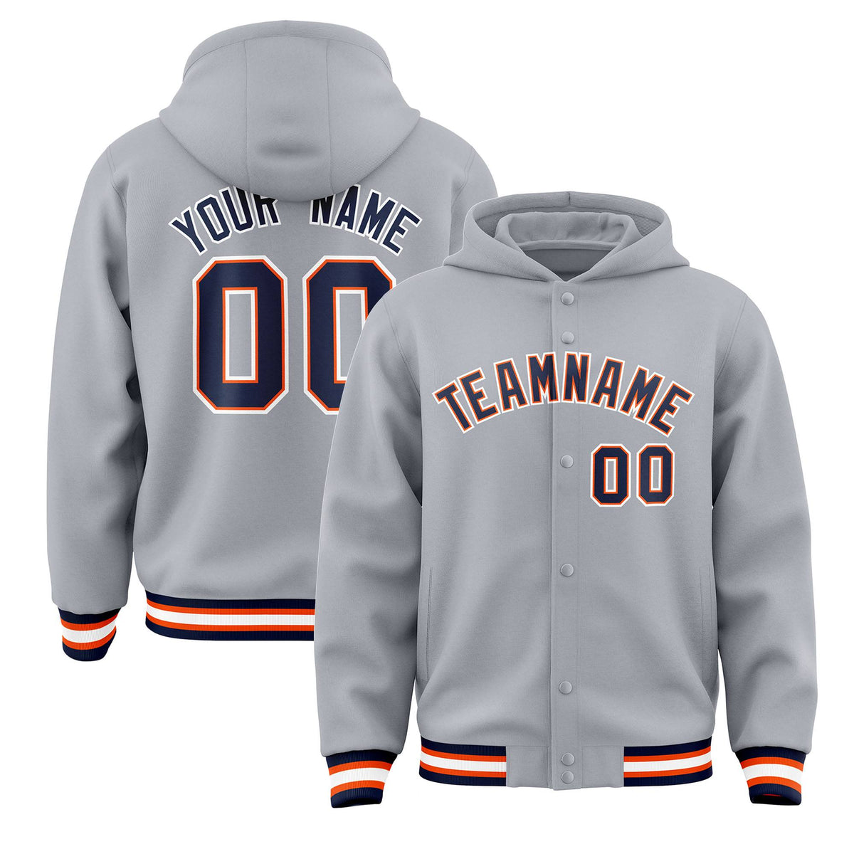 Custom Gray Navy-Orange Varsity Full-Snap Letterman Classic Jacket Hoodie| KXKSHOP
