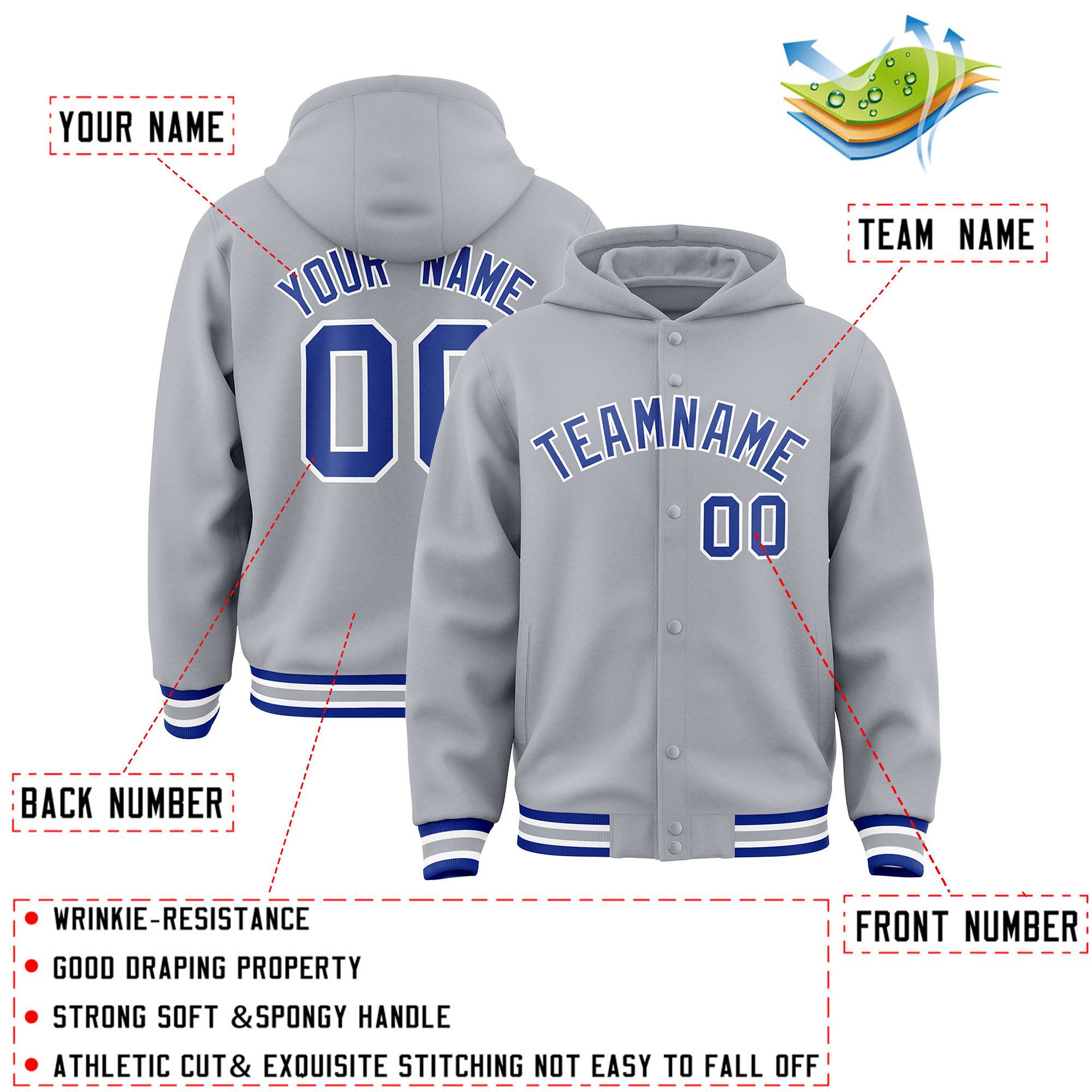 Custom Gray Royal-White Varsity Full-Snap Letterman Classic Jacket Hoodie| KXKSHOP