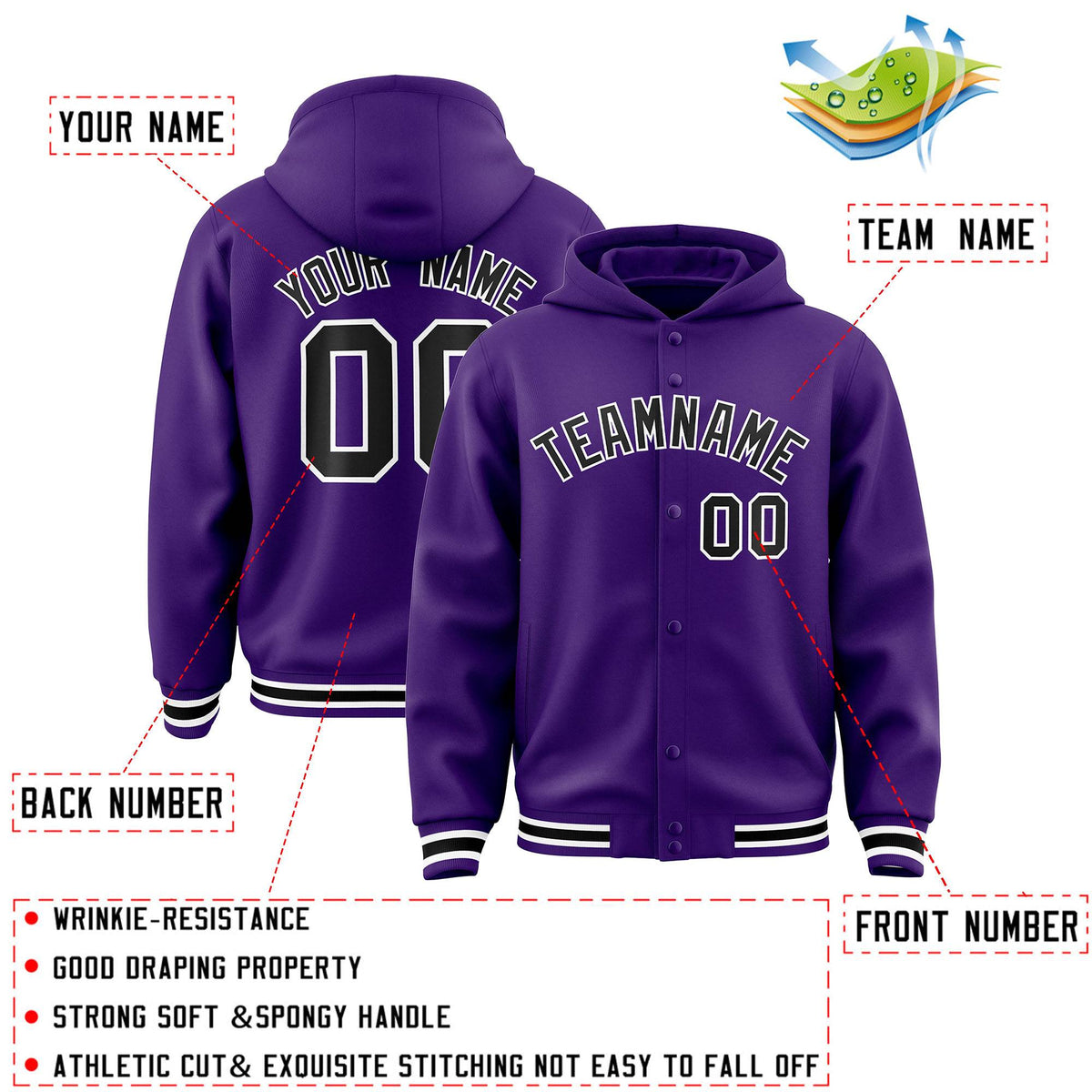 Custom Purple Black-White Varsity Full-Snap Letterman Classic Jacket Hoodie| KXKSHOP