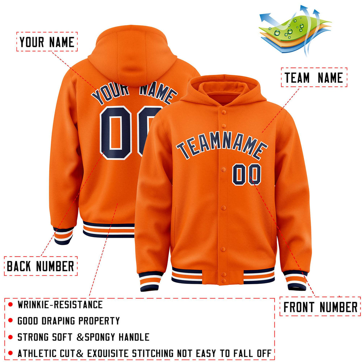 Custom Orange Navy-White Varsity Full-Snap Letterman Classic Jacket Hoodie| KXKSHOP