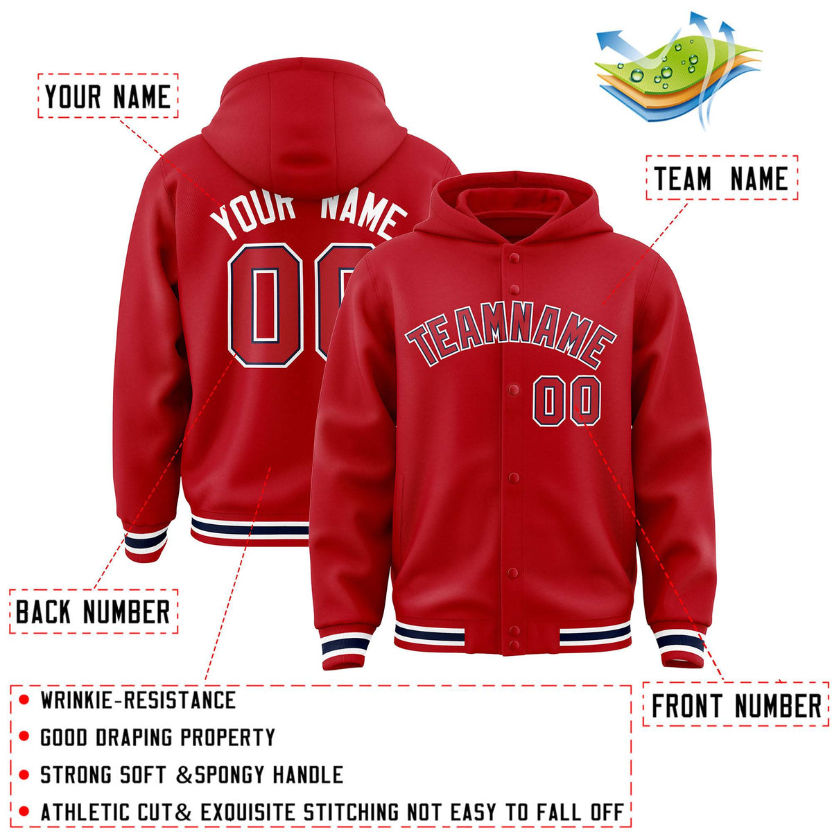 Custom Red Red-Navy Varsity Full-Snap Letterman Classic Jacket Hoodie| KXKSHOP