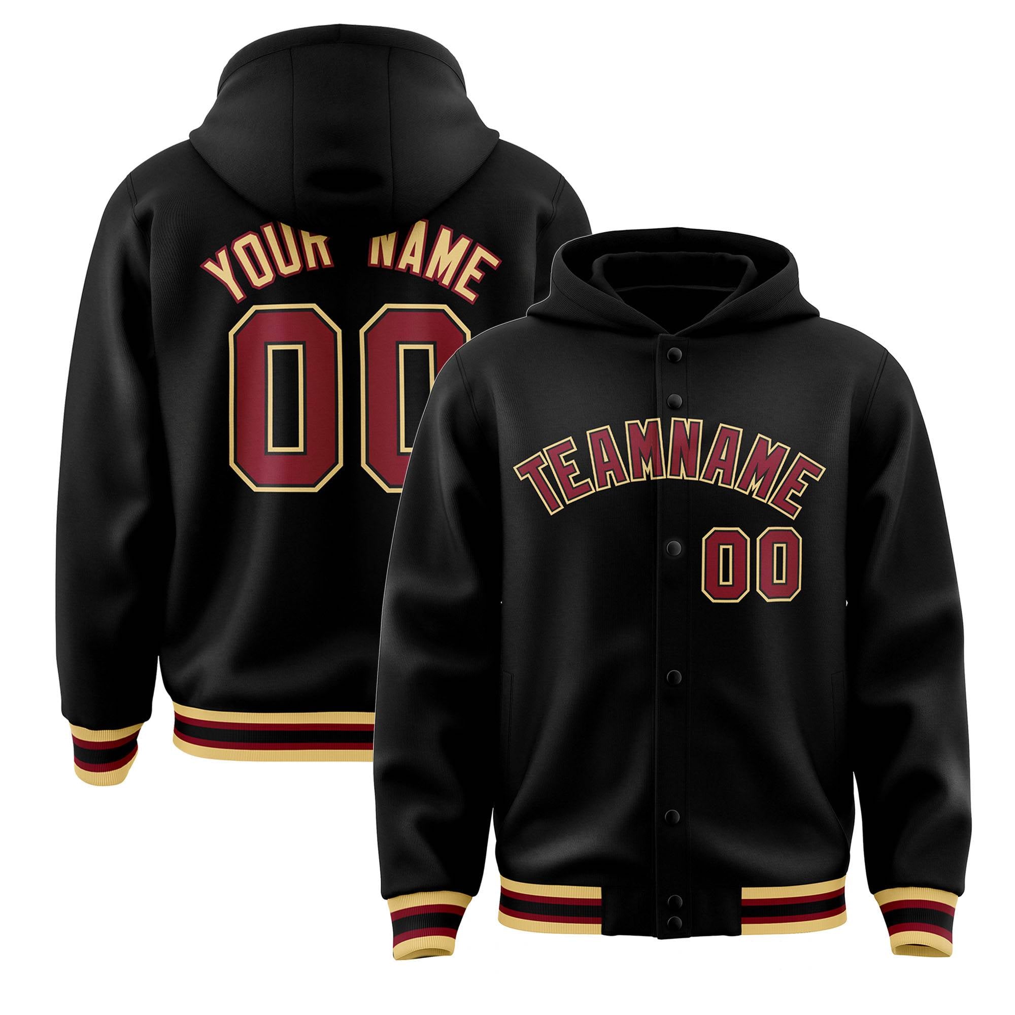 Custom Black Crimson-Black Varsity Full-Snap Letterman Classic Jacket Hoodie| KXKSHOP