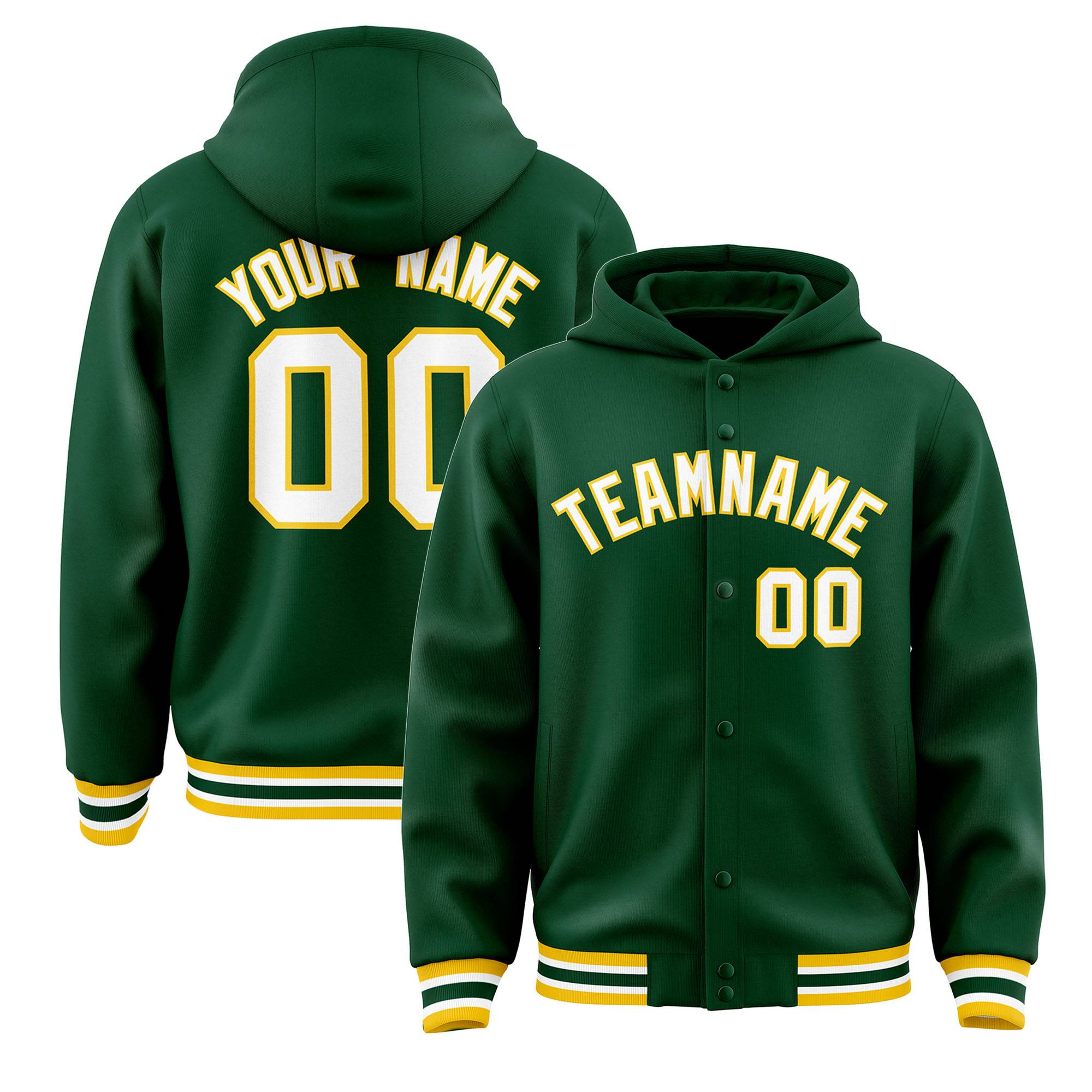 Custom Green White-Gold Varsity Full-Snap Letterman Classic Jacket Hoodie| KXKSHOP