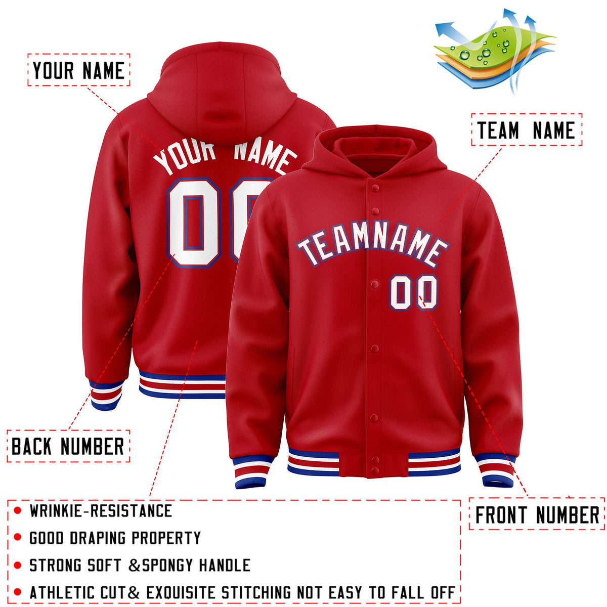 Custom Red White-Red Varsity Full-Snap Letterman Classic Jacket Hoodie| KXKSHOP
