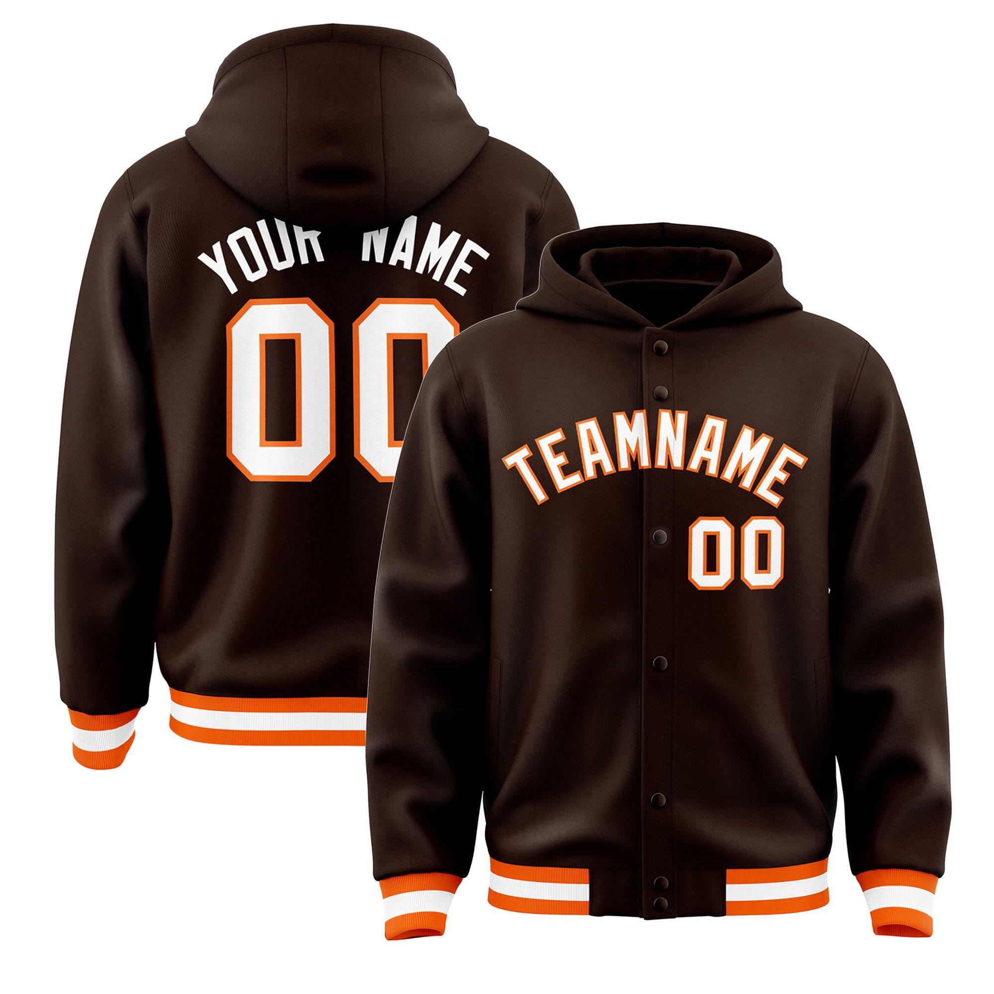 Custom Brown White-Orange Varsity Full-Snap Letterman Classic Jacket Hoodie| KXKSHOP