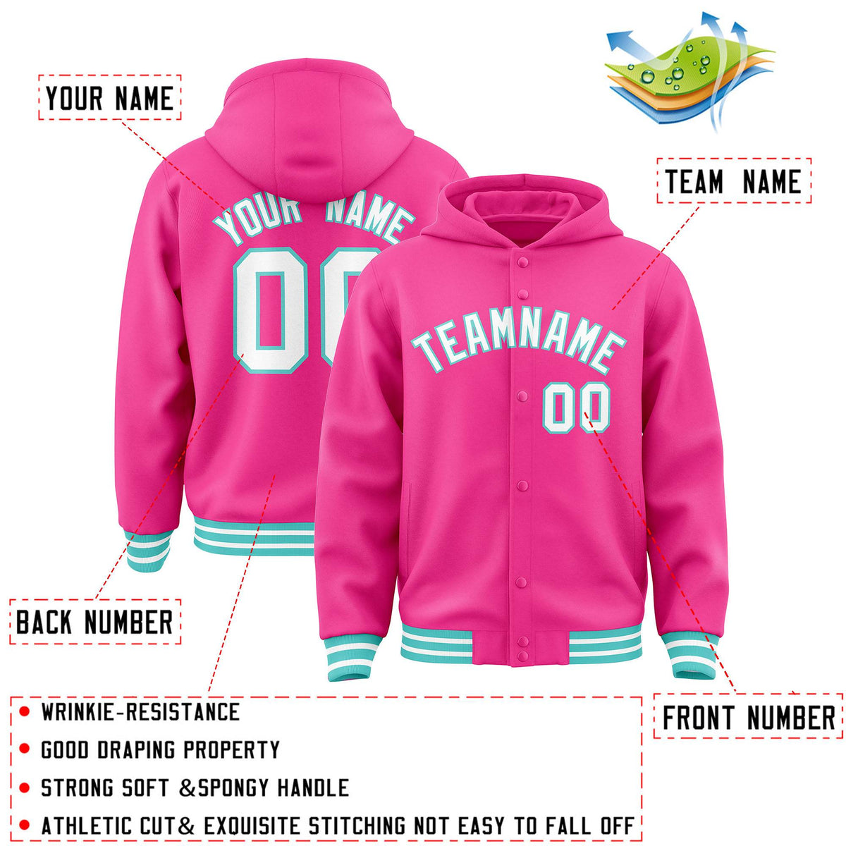 Custom Pink White-Bright Green Varsity Full-Snap Letterman Classic Jacket Hoodie| KXKSHOP