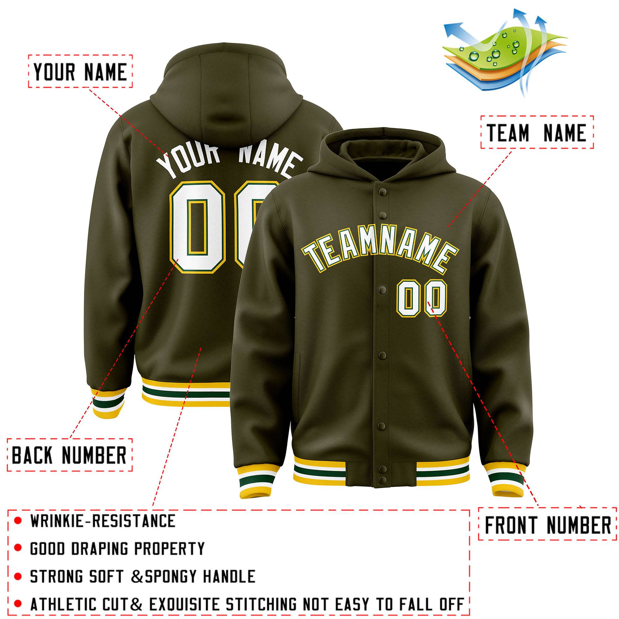 Custom Olive White-Green Varsity Full-Snap Letterman Classic Jacket Hoodie| KXKSHOP
