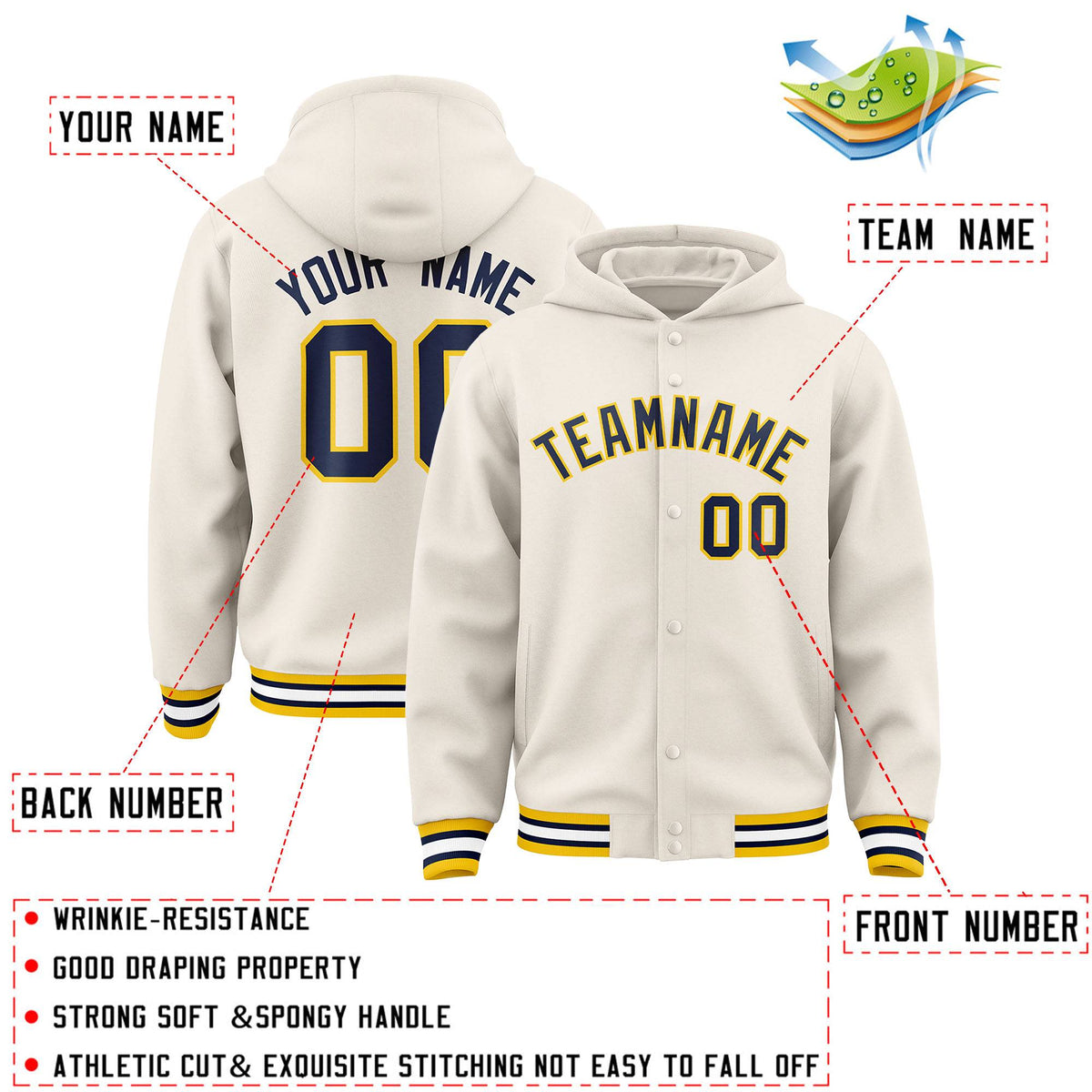 Custom Cream Navy-Gold Varsity Full-Snap Letterman Classic Jacket Hoodie| KXKSHOP