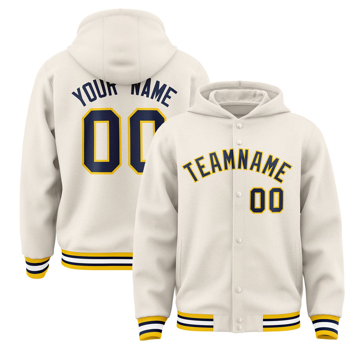 Custom Cream Navy-Gold Varsity Full-Snap Letterman Classic Jacket Hoodie| KXKSHOP