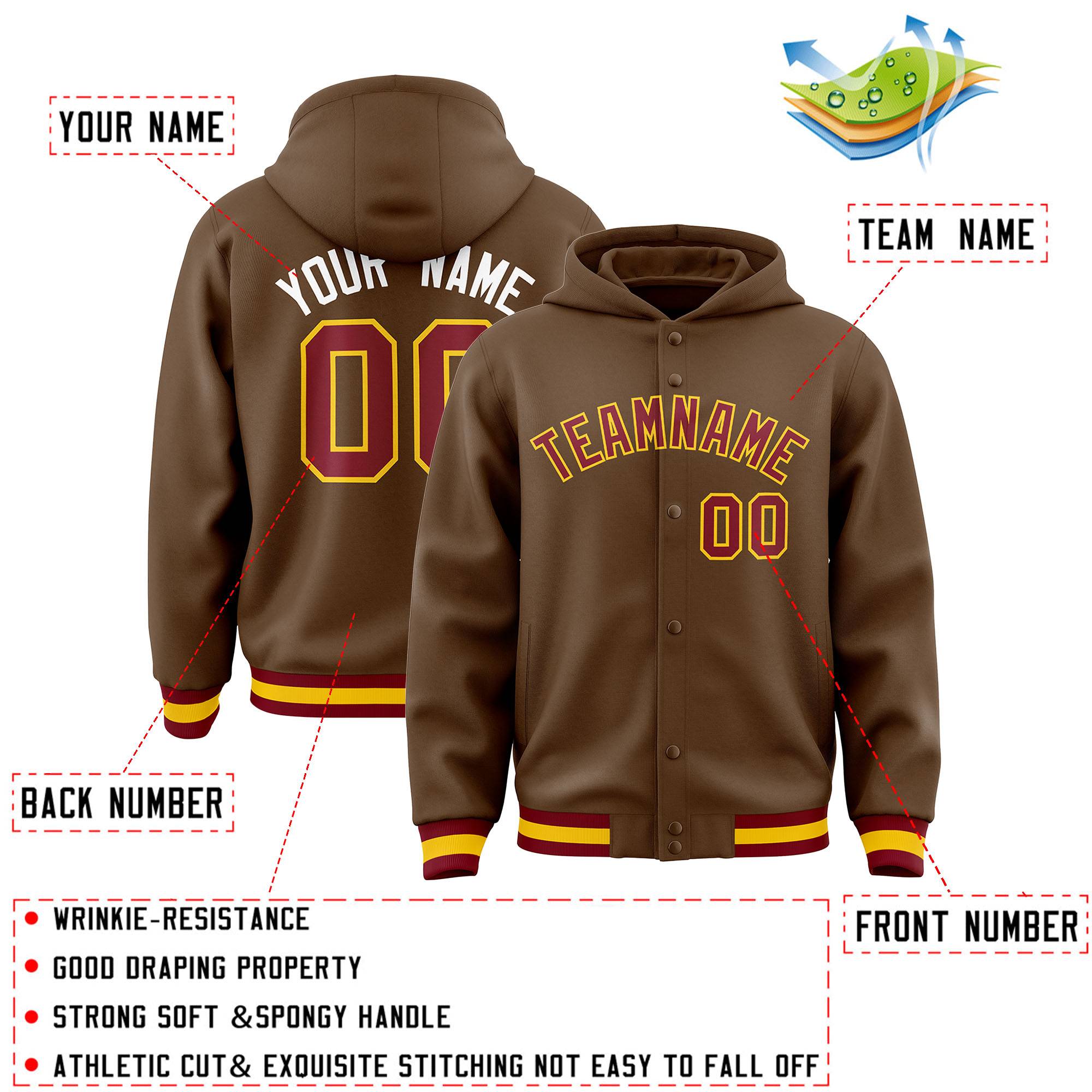 Custom Light Brown Crimson-Gold Varsity Full-Snap Letterman Classic Jacket Hoodie| KXKSHOP