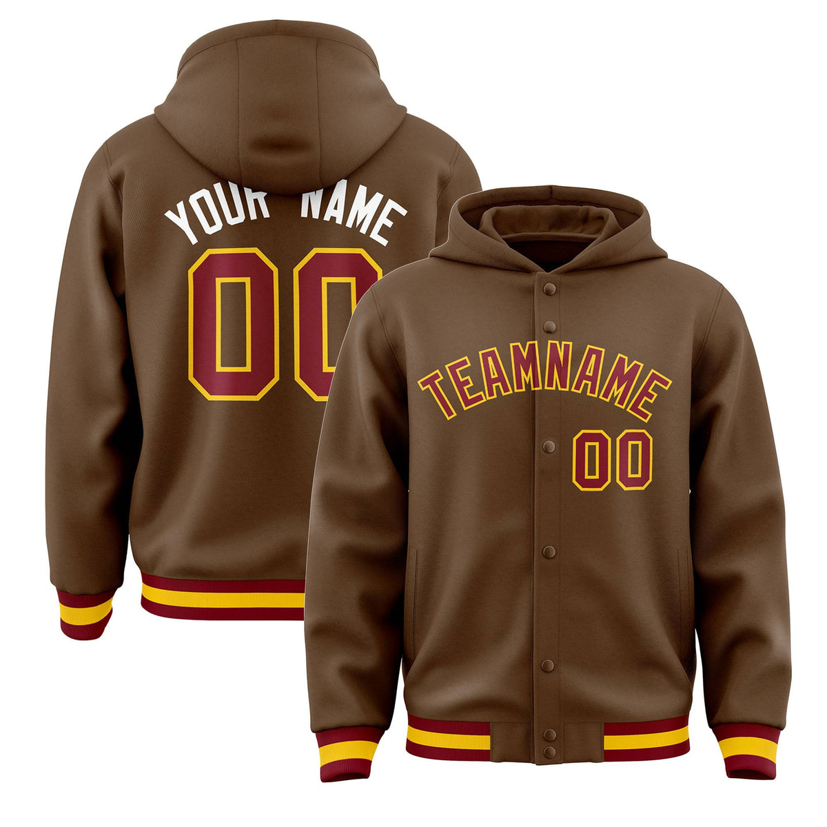 Custom Light Brown Crimson-Gold Varsity Full-Snap Letterman Classic Jacket Hoodie| KXKSHOP