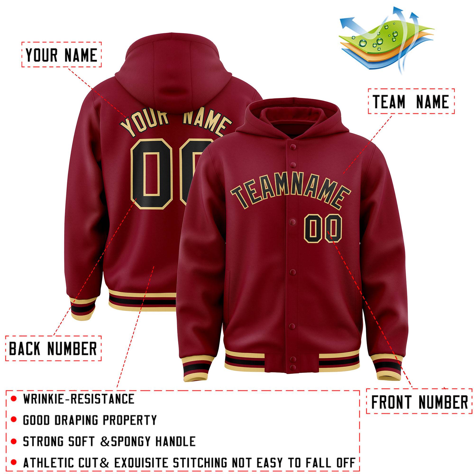 Custom Crimson Black-Khaki Varsity Full-Snap Letterman Classic Jacket Hoodie| KXKSHOP