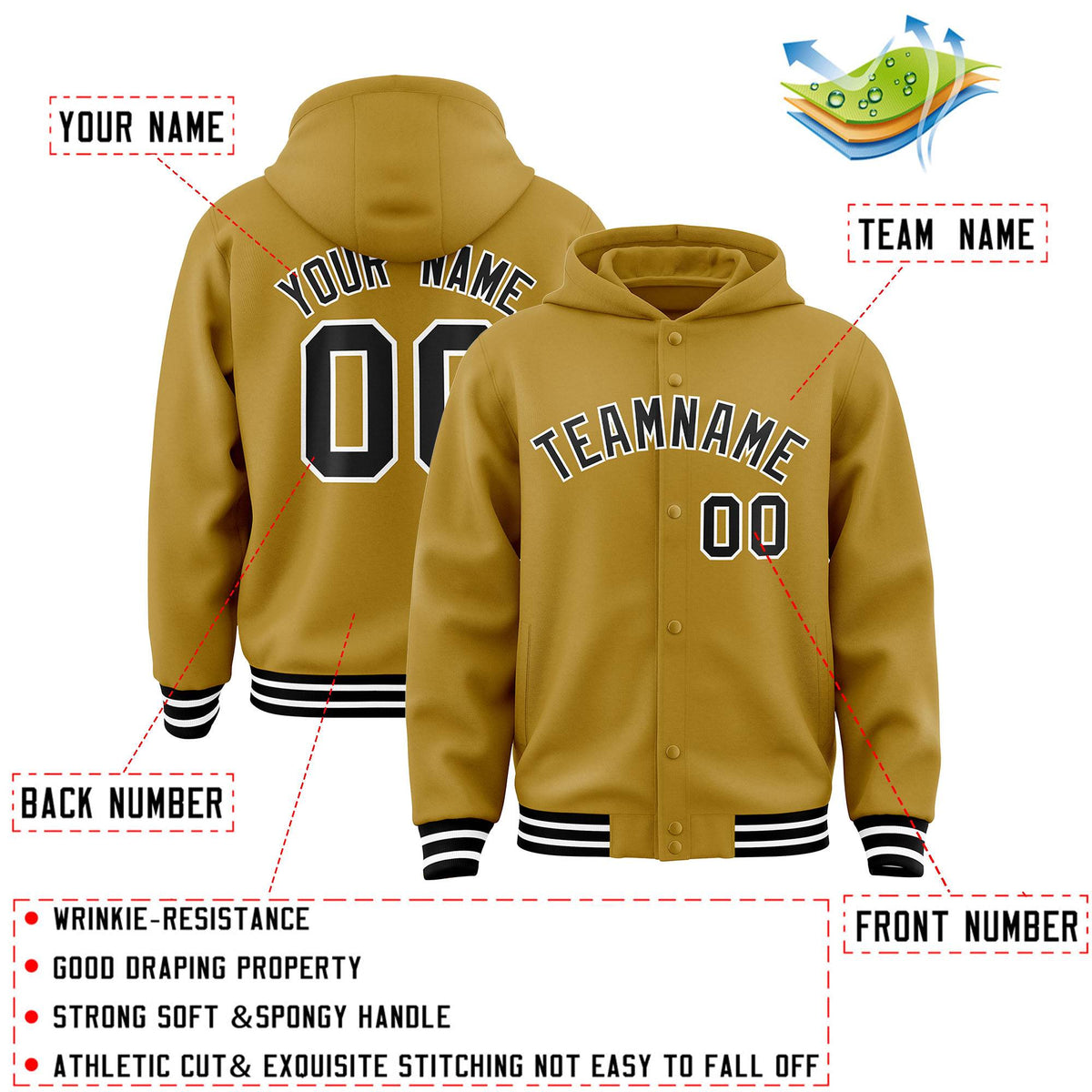 Custom Old Gold Black-White Varsity Full-Snap Letterman Classic Jacket Hoodie| KXKSHOP