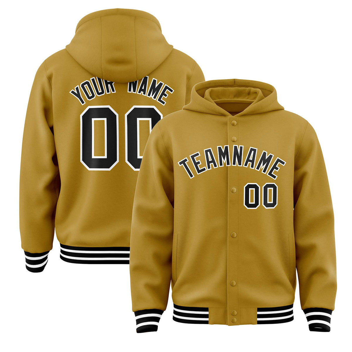 Custom Old Gold Black-White Varsity Full-Snap Letterman Classic Jacket Hoodie| KXKSHOP