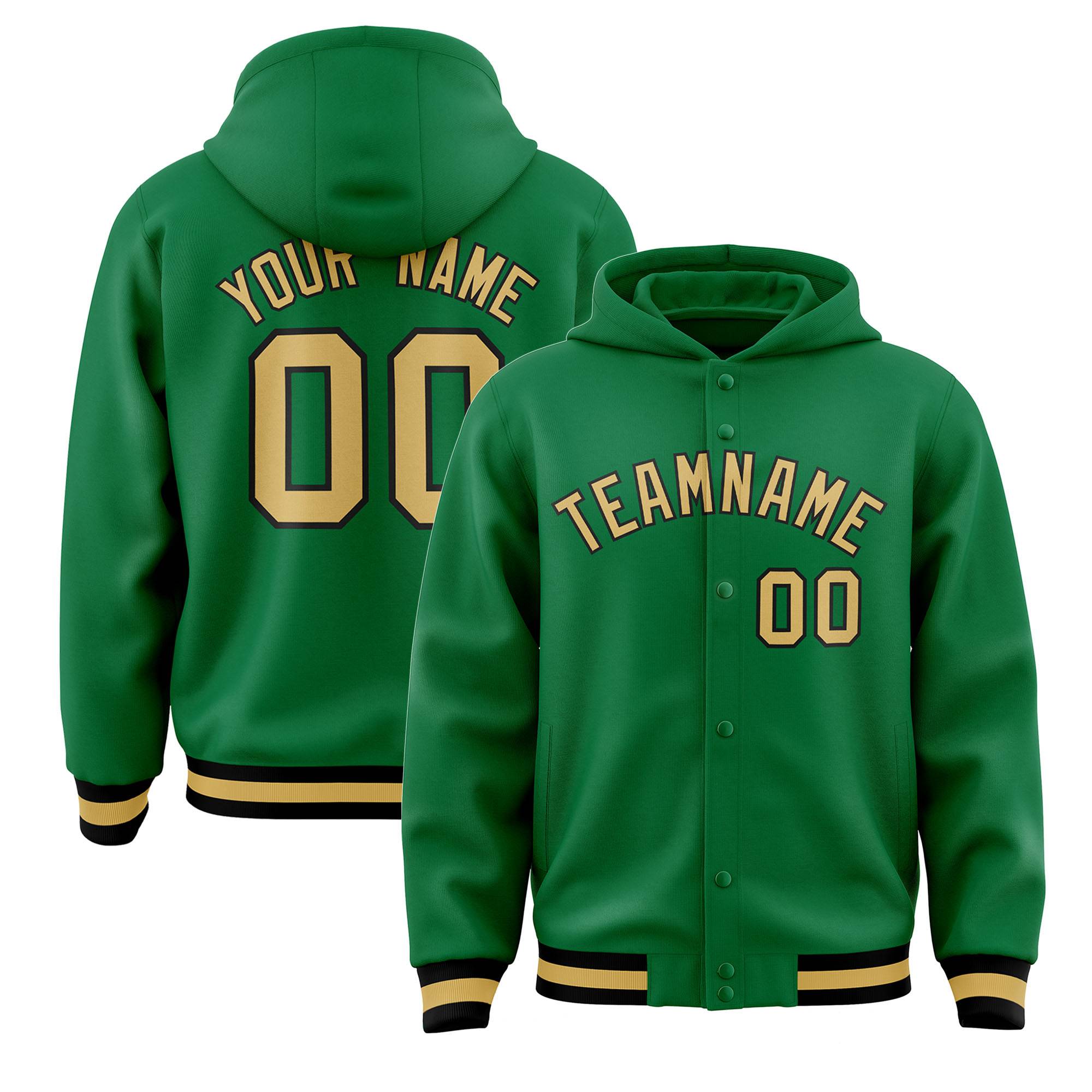Custom Kelly Green Old Gold-Black Varsity Full-Snap Letterman Classic Jacket Hoodie| KXKSHOP
