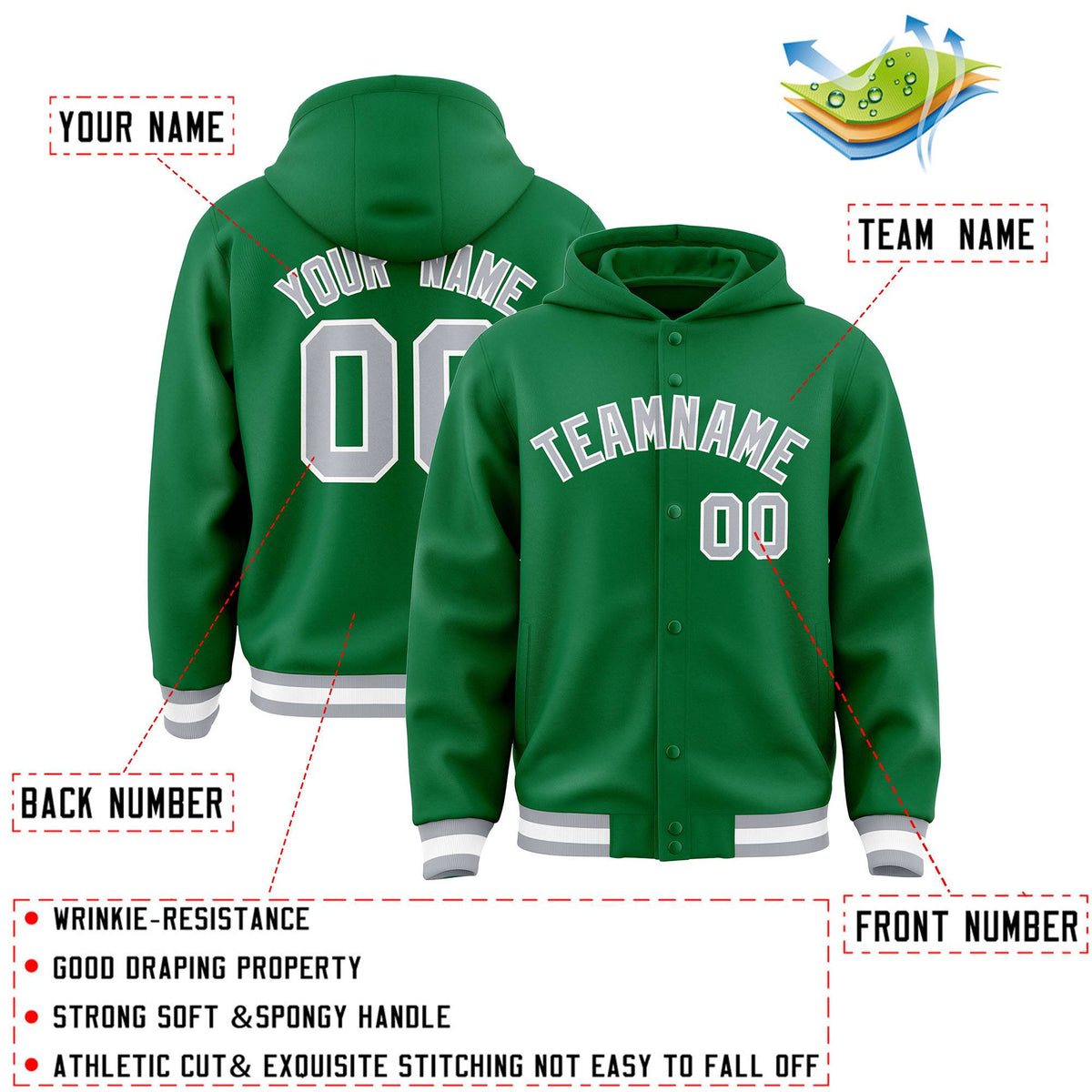 Custom Kelly Green Gray-White Varsity Full-Snap Letterman Classic Jacket Hoodie| KXKSHOP