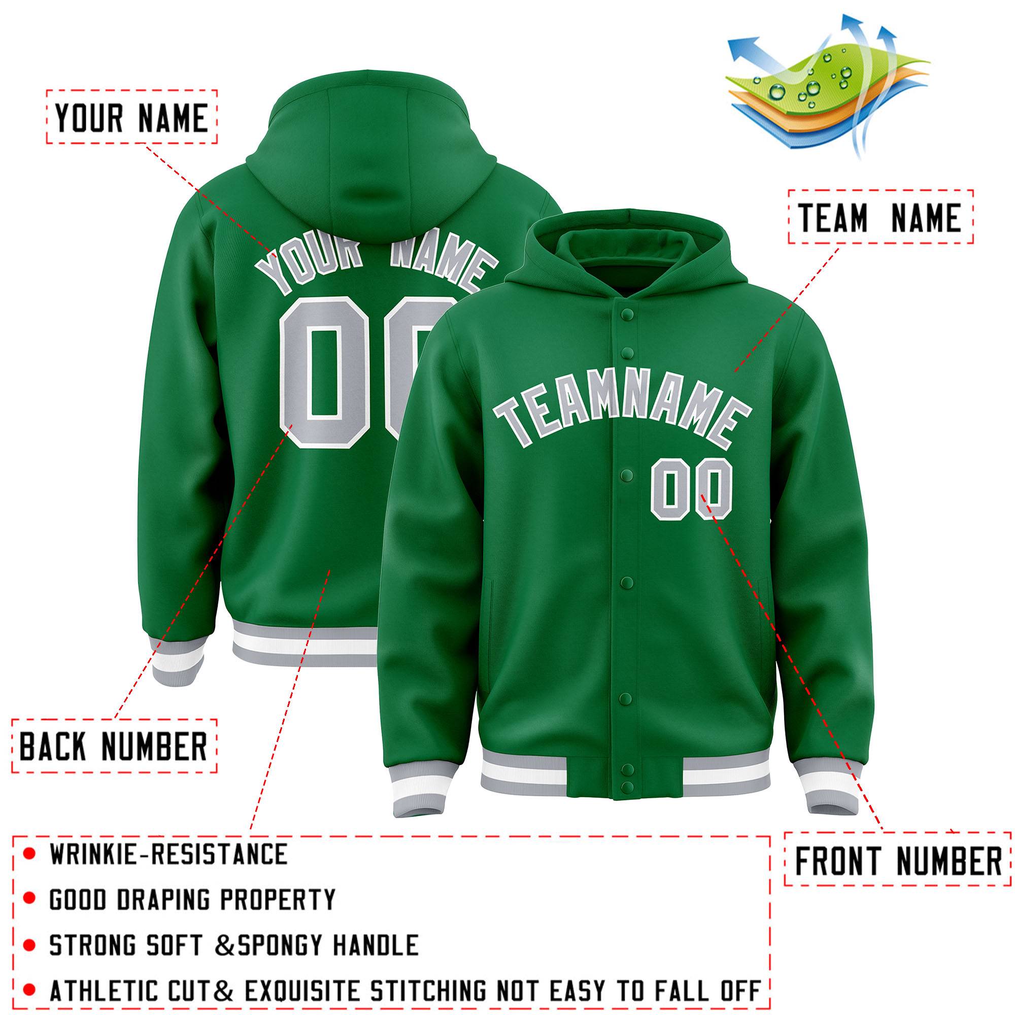 Custom Kelly Green Gray-White Varsity Full-Snap Letterman Classic Jacket Hoodie| KXKSHOP